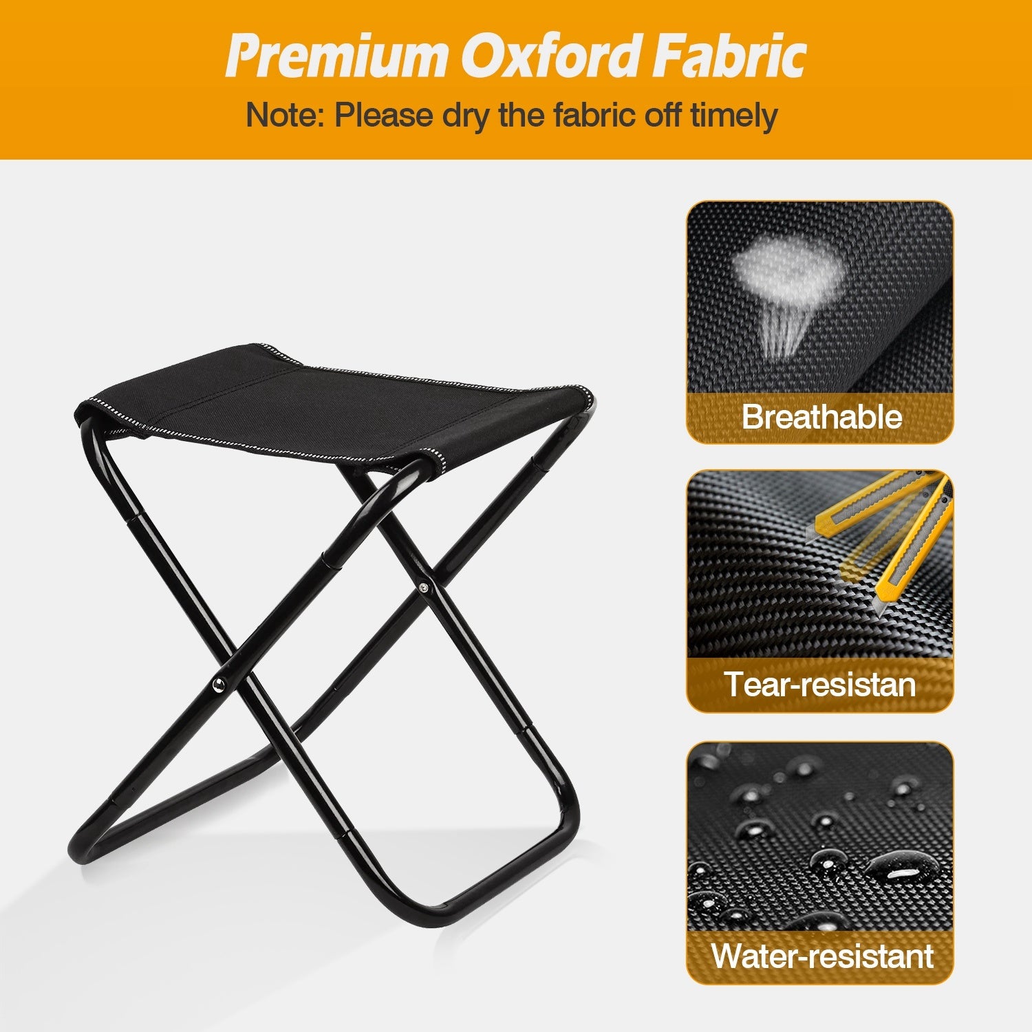 Foldable Camping Stool Portable Travel Chair with a tubular metal frame and a durable fabric seat, isolated on a white background.