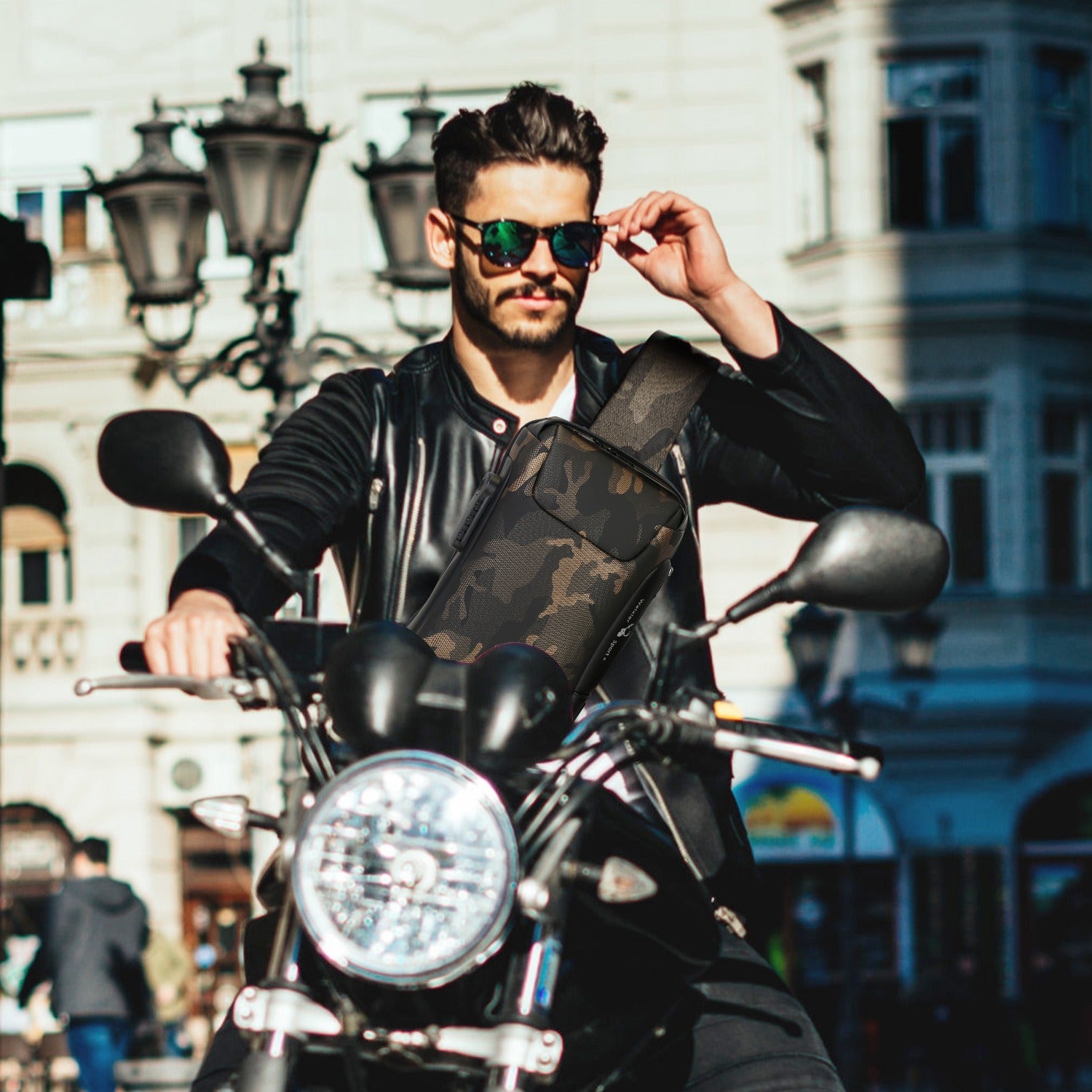 A Men's Sling Backpack Waterproof Anti-theft Shoulder Crossbody Chest Bag Messenger Sling Bag Daypack with USB Charging Port, featuring a smooth outer surface and an adjustable shoulder strap, isolated on a white background.