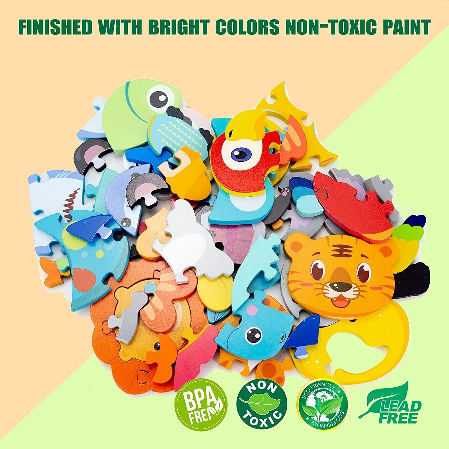 Collection of 10 Pack Wooden Toddler Puzzles Spelling with names displayed, including a tiger, lion, and parrot, arranged on a white background.