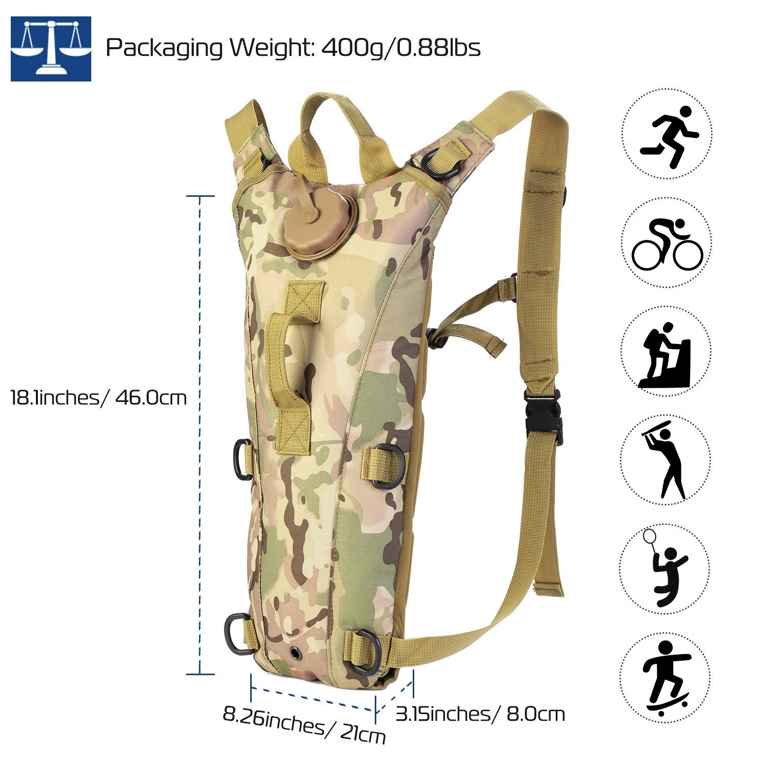 Tactical Hydration Pack suitable for running, cycling, and climbing. Includes water bladder, camo backpack, and icons indicating BPA-free material.