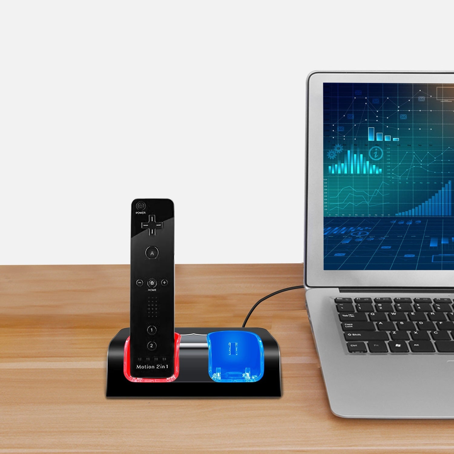 A For Wii Remote Controller Charger Dual Charge Dock with Two 2800mAh Rechargeable Batteries station for gaming controllers with rechargeable batteries, a USB cable, and safety feature icons displayed.