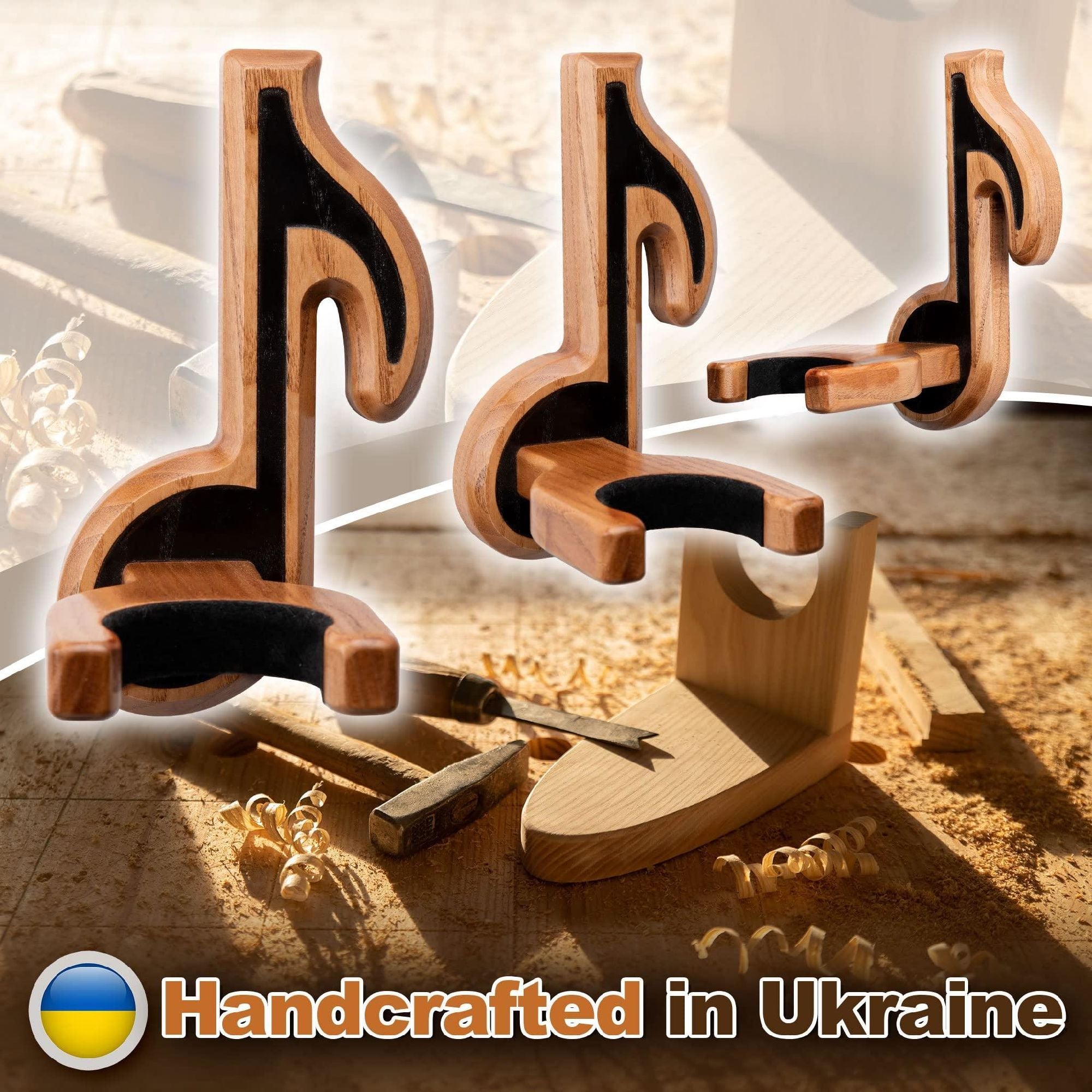 A Guitar Holder Wall Mount Ash Wood with a detailed guitar neck and headstock positioned within it, isolated on a white background.