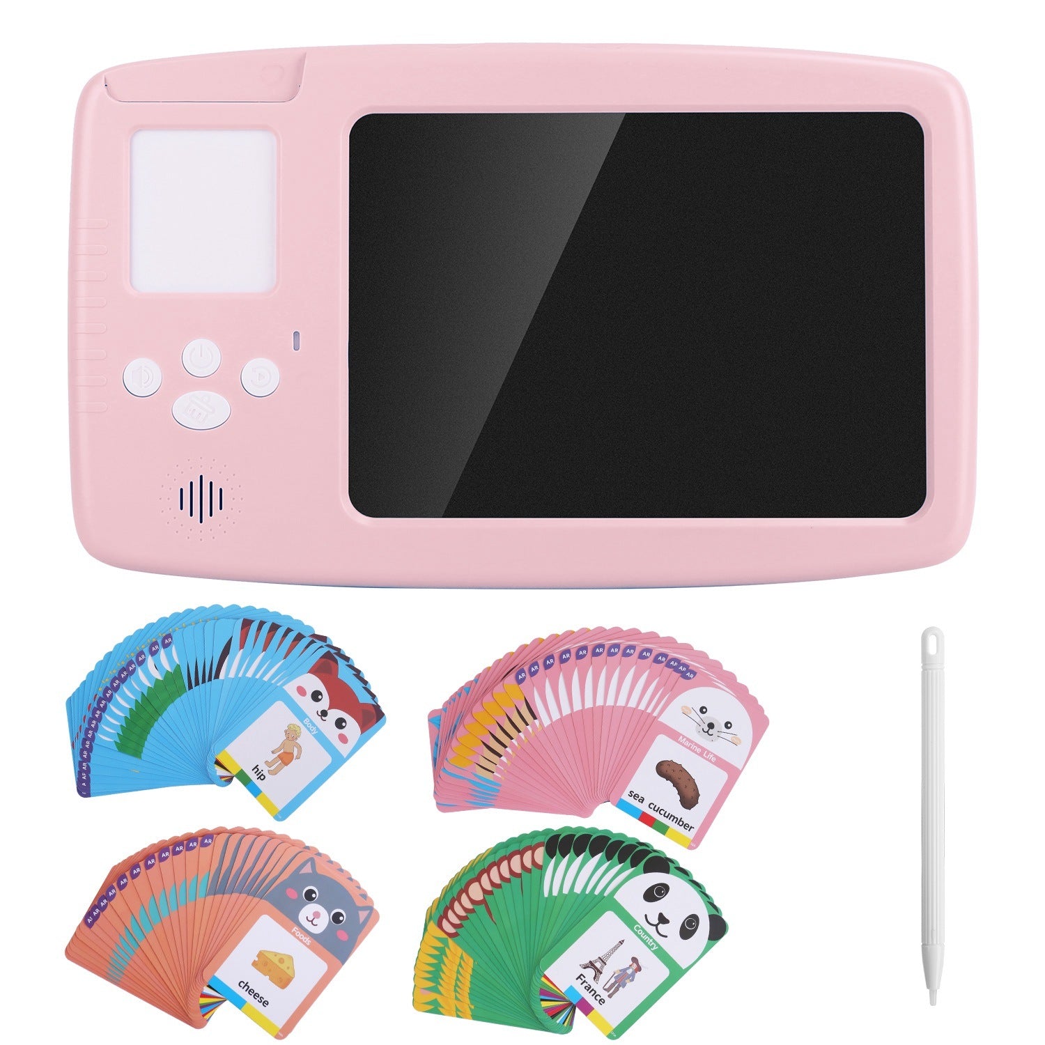 A 224 Words Toddler Learning Toy Talking Flash Cards with LCD Writing Tablet Preschool Educational Reading Drawing Machine Autism Sensory Toy 3+ Years Old Children with stylus and cartoon drawings illuminated in a rainbow of colors, accompanied by music-themed flashcards, is an ideal early education machine.
