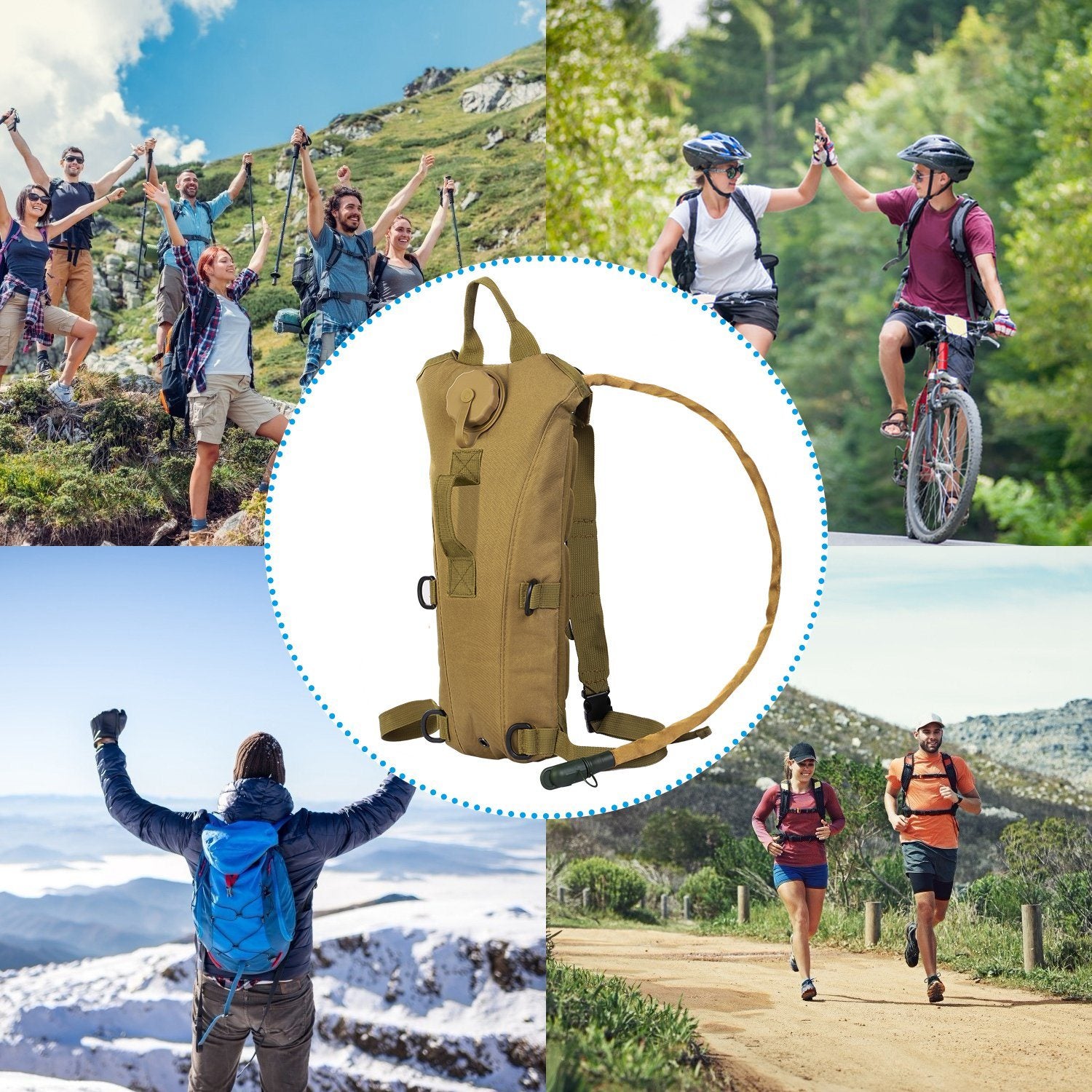 Tactical Hydration Pack suitable for running, cycling, and climbing. Includes water bladder, camo backpack, and icons indicating BPA-free material.