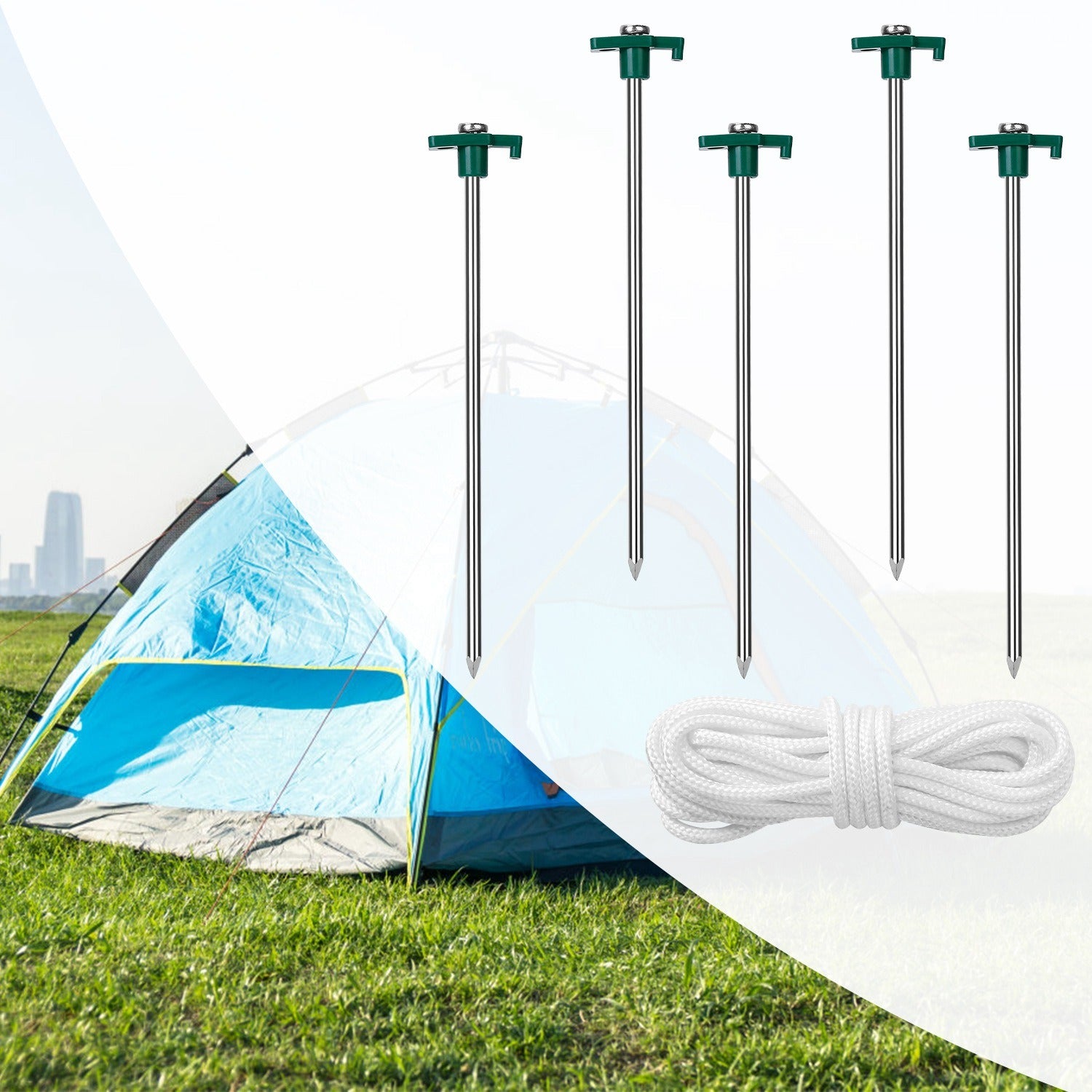 Two metal tent poles with green ends, four coiled white ropes, and twelve Tent Pegs Ropes Set 20Pcs 9.8in Heavy Duty Tent Stakes Nails Spike with 4x 9.8ft Nylon Ropes Tent Pop Up Canopy Stakes arranged symmetrically on a white background.