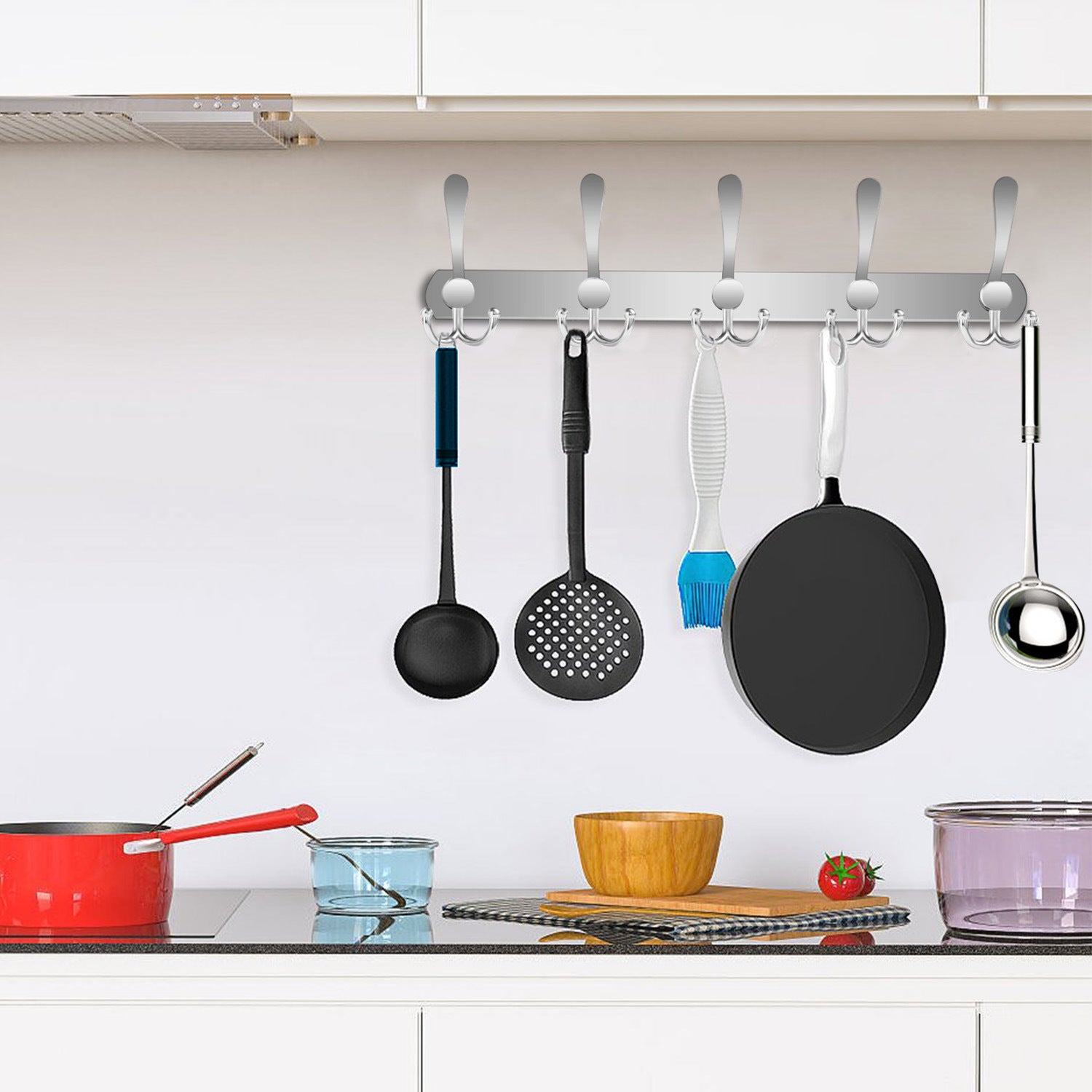 Wall Mount Coat Hook with fifteen stainless steel double hooks on a sleek, horizontal board, isolated on a white background.