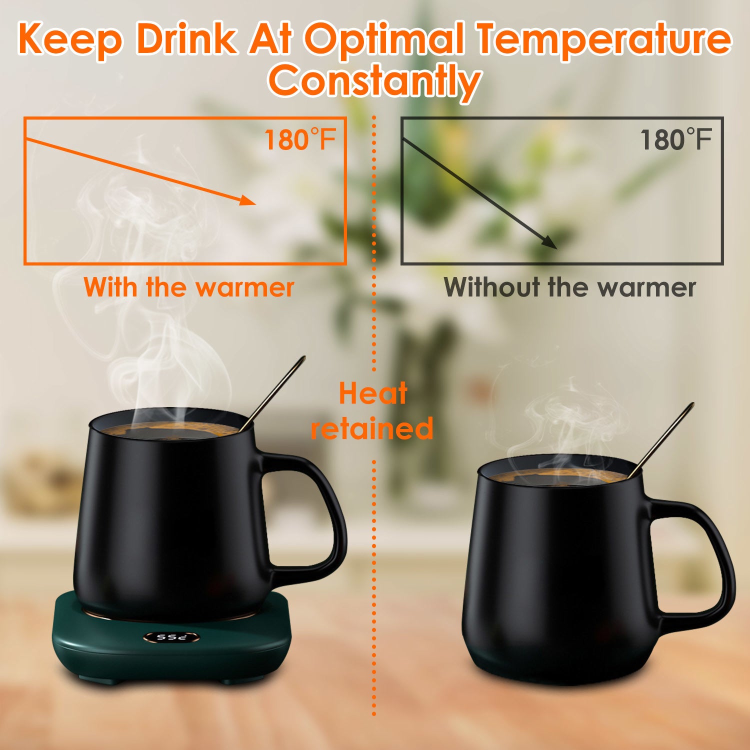 A pink Electric Coffee Mug Warmer for Desk Auto Shut off USB Tea Milk Beverage Cup 3 Temperature Setting with a digital display showing the temperature at 55 degrees Celsius and auto off feature.