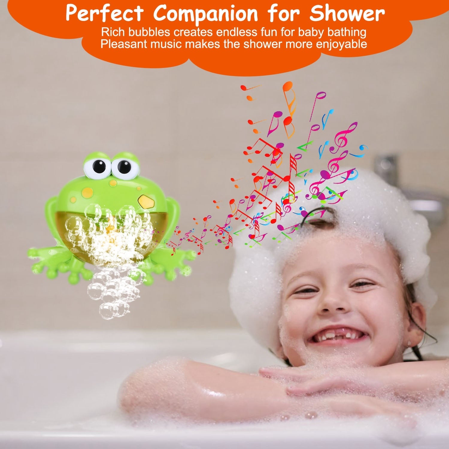 A whimsical Frog Musical Bubble Bath Maker releasing soap foam, isolated on a white background.