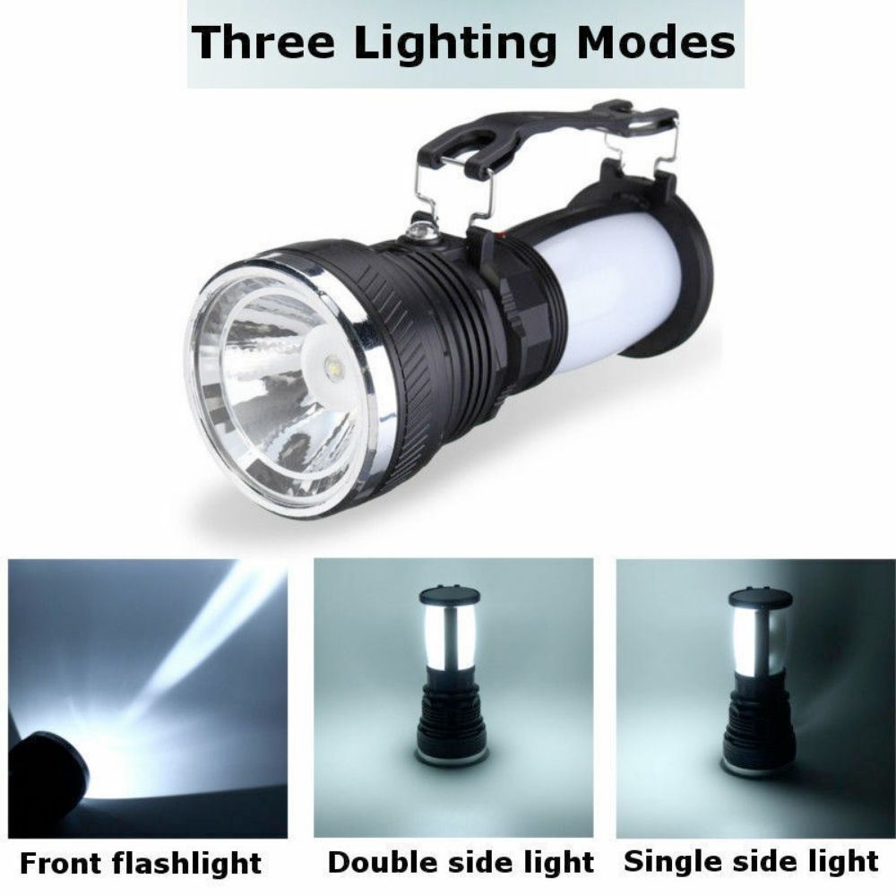 Multi Function Solar Power Camping Lantern featuring a clear LED light, solar panel, rechargeable battery, and a durable, waterproof body, highlighted with a green background.