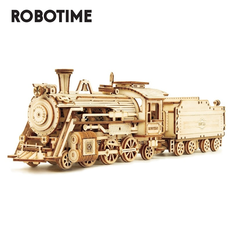 A detailed Robotime ROKR 3D Wooden Puzzle Toy Assembly Model Building Kit of a classic steam locomotive with intricate designs, displayed on a solid white background. No glue required.