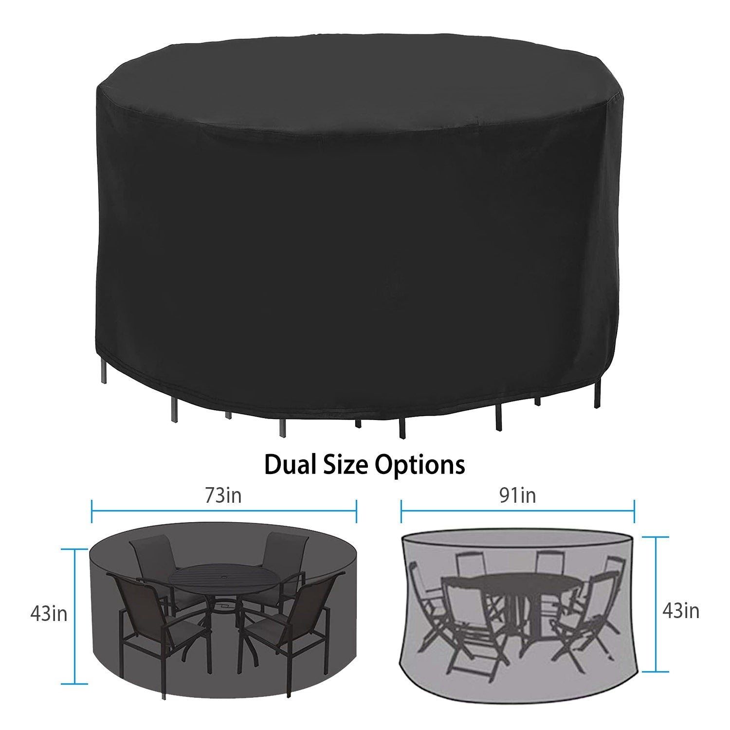 A Circular Table Cover UV Water Resistant Outdoor Furniture Protector fitting over a round table, with the table's legs visible.