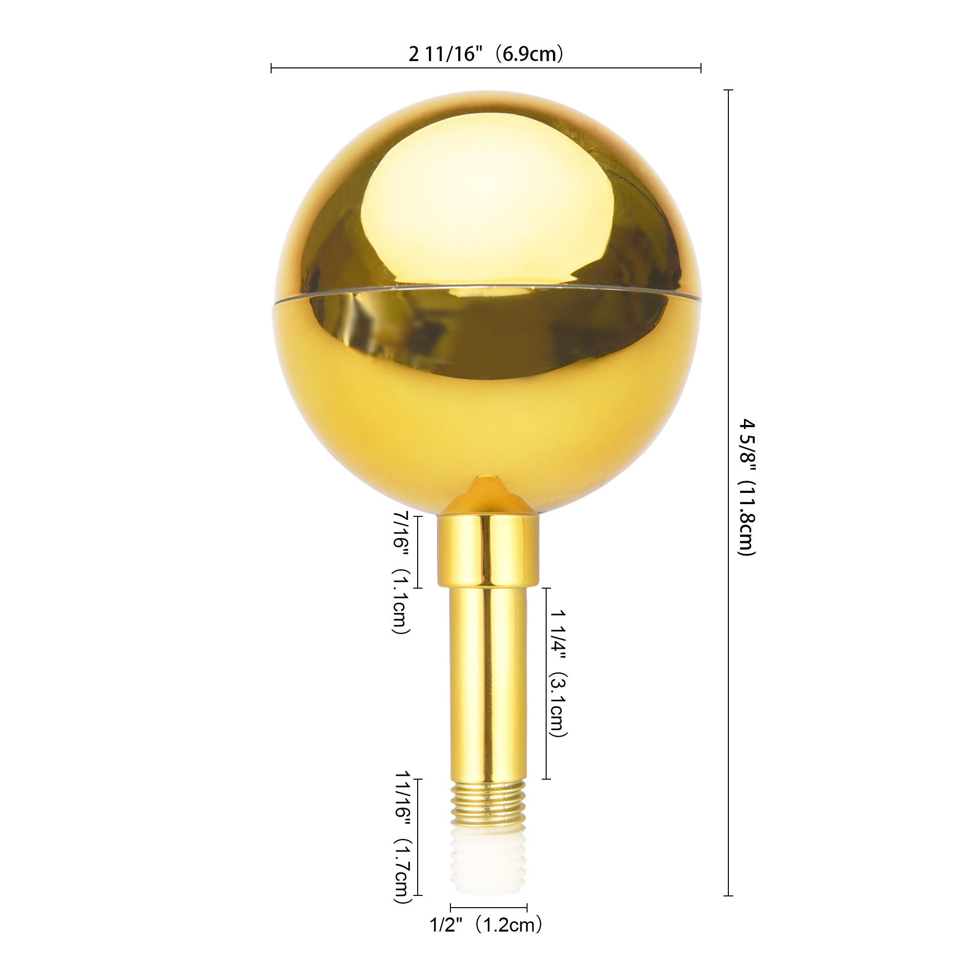 A Gold Ball For 16ft 20ft 25ft Flag Pole atop a threaded post, split horizontally in the center, isolated on a white background.