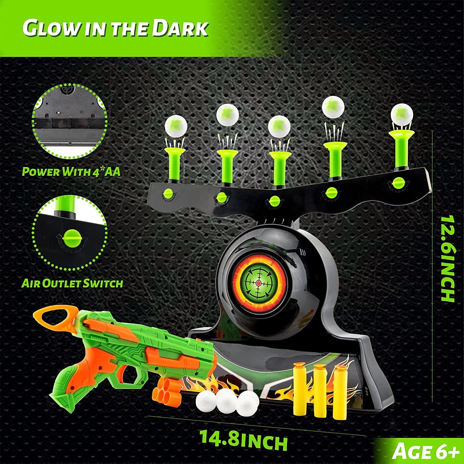 A toy hover shot game set, featuring a neon green and orange Shooting Targets for Nerf Guns Shooting Game Glow in The Dark Floating Ball Target Practice Toys for Kids Boys Hover Shot 1 Blaster Toy Gun 10 Soft Foam Balls 3 Darts Gift, floating ball targets on air streams, and packaging.
