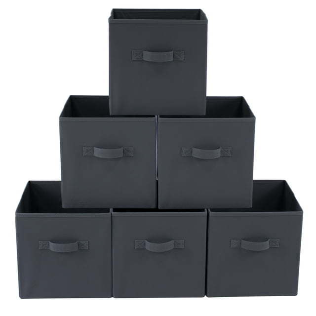 Five black Collapsible Cube Fabric Storage Bins (10.5" x 10.5"), 6 Pack with handles, stacked in a pyramid arrangement on a white background.