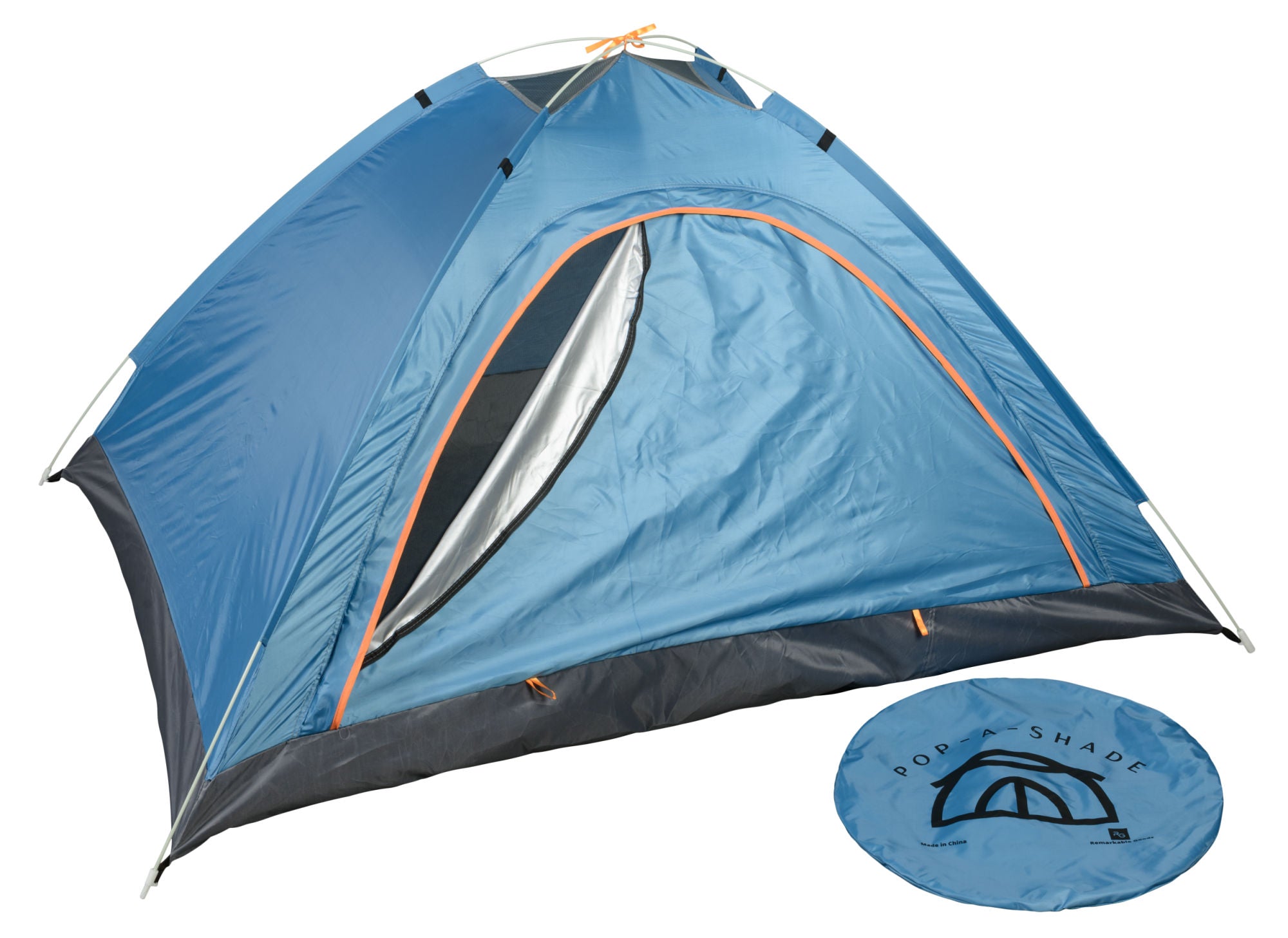 A blue POP-A-SHADE BLUE pitched by a serene lake surrounded by pine trees and towering mountains under a cloudy sky.