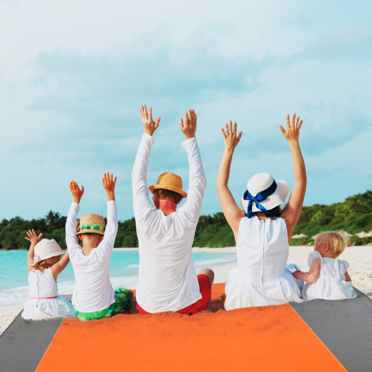 108x96.46in Sand Proof Picnic Blanket Water Resistant Foldable Camping Beach Mat with stakes and a carry bag, isolated on a white background.