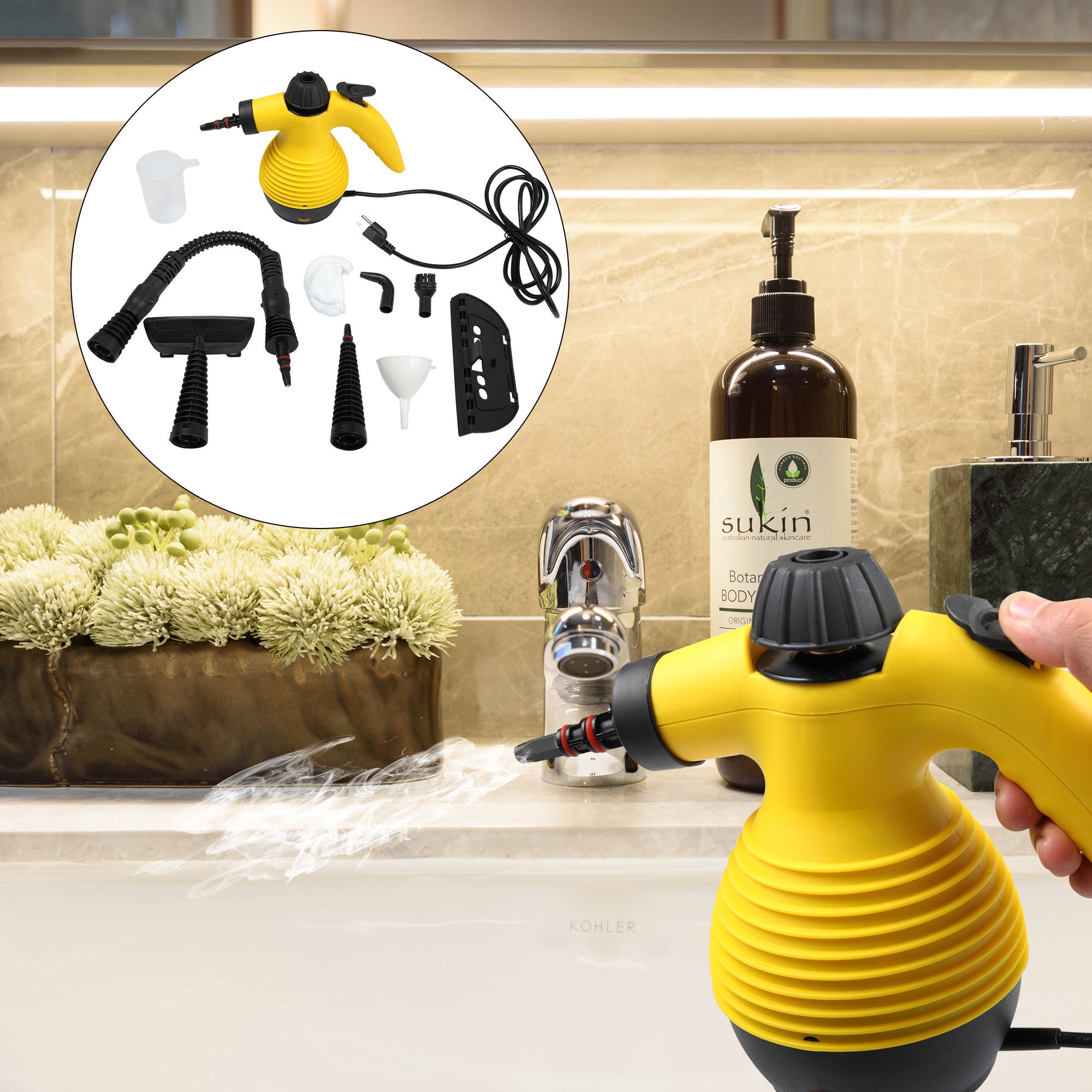 Yellow Handheld Pressurized Steam Cleaner with 9-Piece Accessory Set, Multifunctional Steam Cleaning for Car, Home, Bedroom, Chemical-Free XH being used next to a sink, with an inset image displaying its various attachments and storage bag.