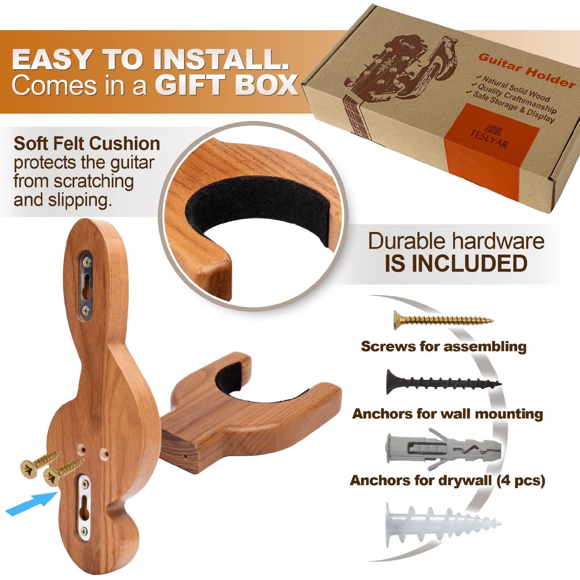 TESLYAR Guitar Holder Wall Mount Ash Wood Wooden Guitar Hanger Hook Stand Rack holding an acoustic guitar headstock, isolated on a white background.