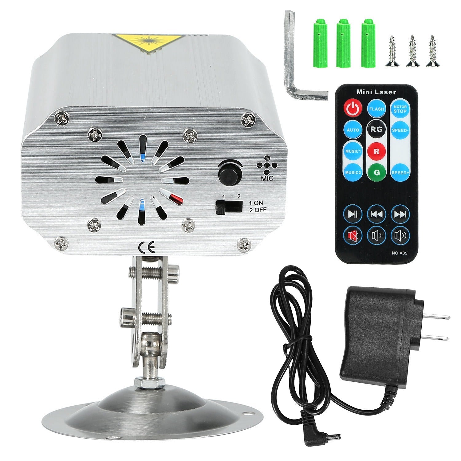 Sound Activated LED Projector Laser Patterns Laser Party Lights Disco Bar Music Strobe Lights on a pivoting mount with remote control, isolated on a white background.