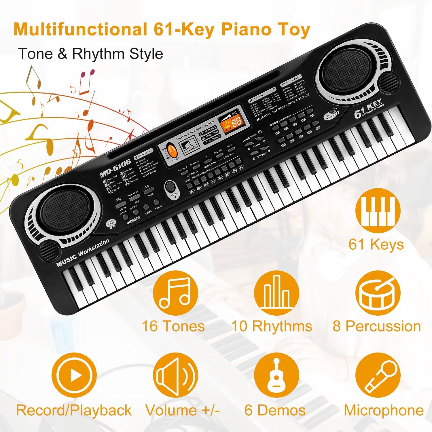 Collage of children playing musical instruments and a 61 Keys Digital Music Electronic Keyboard Electric Piano Musical Instrument Kids Learning Keyboard with features highlighted, including keys, tones, and accessories.