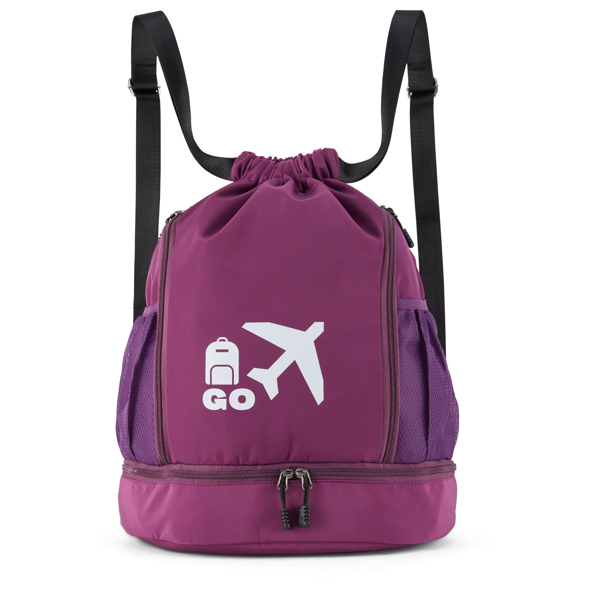 Clarissa GO Bag with a white airplane and suitcase icon, featuring an external pocket and a purple smartphone in a side holder.