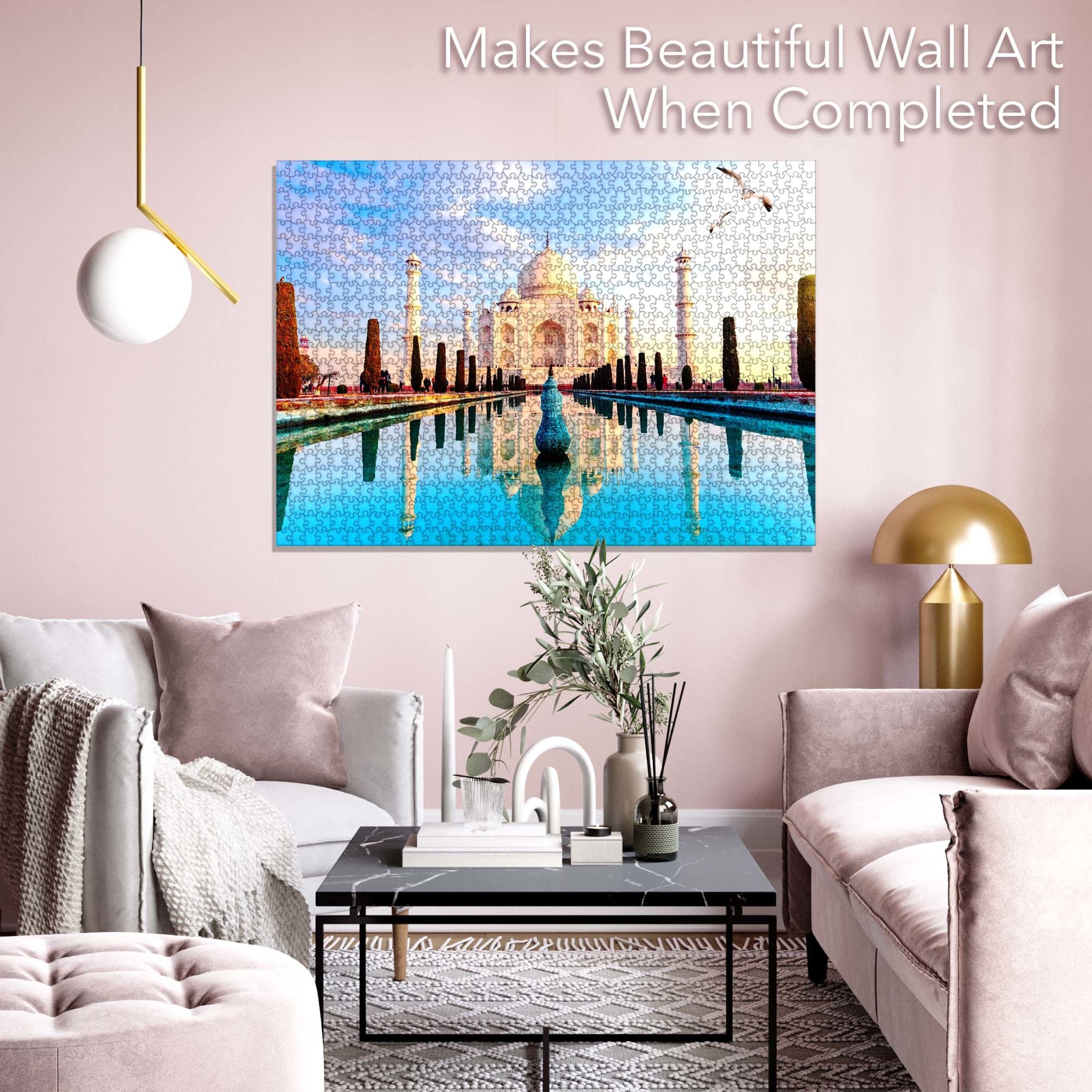 A Taj Mahal Jigsaw Puzzles 1000 Piece featuring an image of the Taj Mahal with reflections in water, labeled "1000 pieces" and branded by Brain Tree.