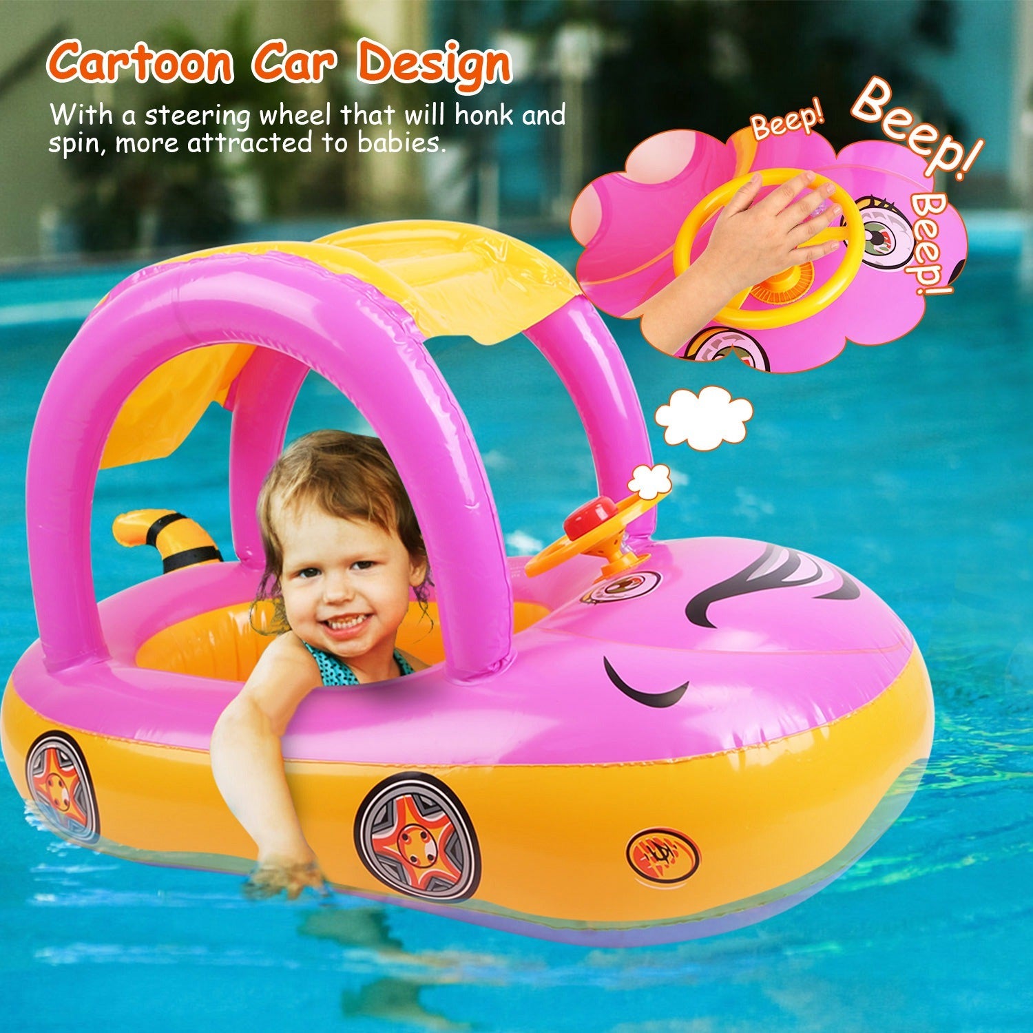 A young child smiles while sitting in a colorful Baby Inflatable Pool Float Car Shaped Toddler Swimming Float Boat Pool Toy Infant Swim Ring Pool with Sun Protection Canopy for 1-3 Year-Old Kids Infant Toddlers in a swimming pool.
