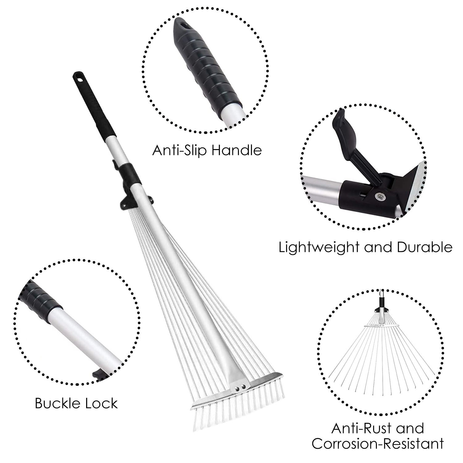 63in Adjustable Garden Leaf Rake 15 Teeth Expanding Stainless Steel Rake For Quick Clean Lawn Yard Garden with an adjustable white handle and black grip on a white background.