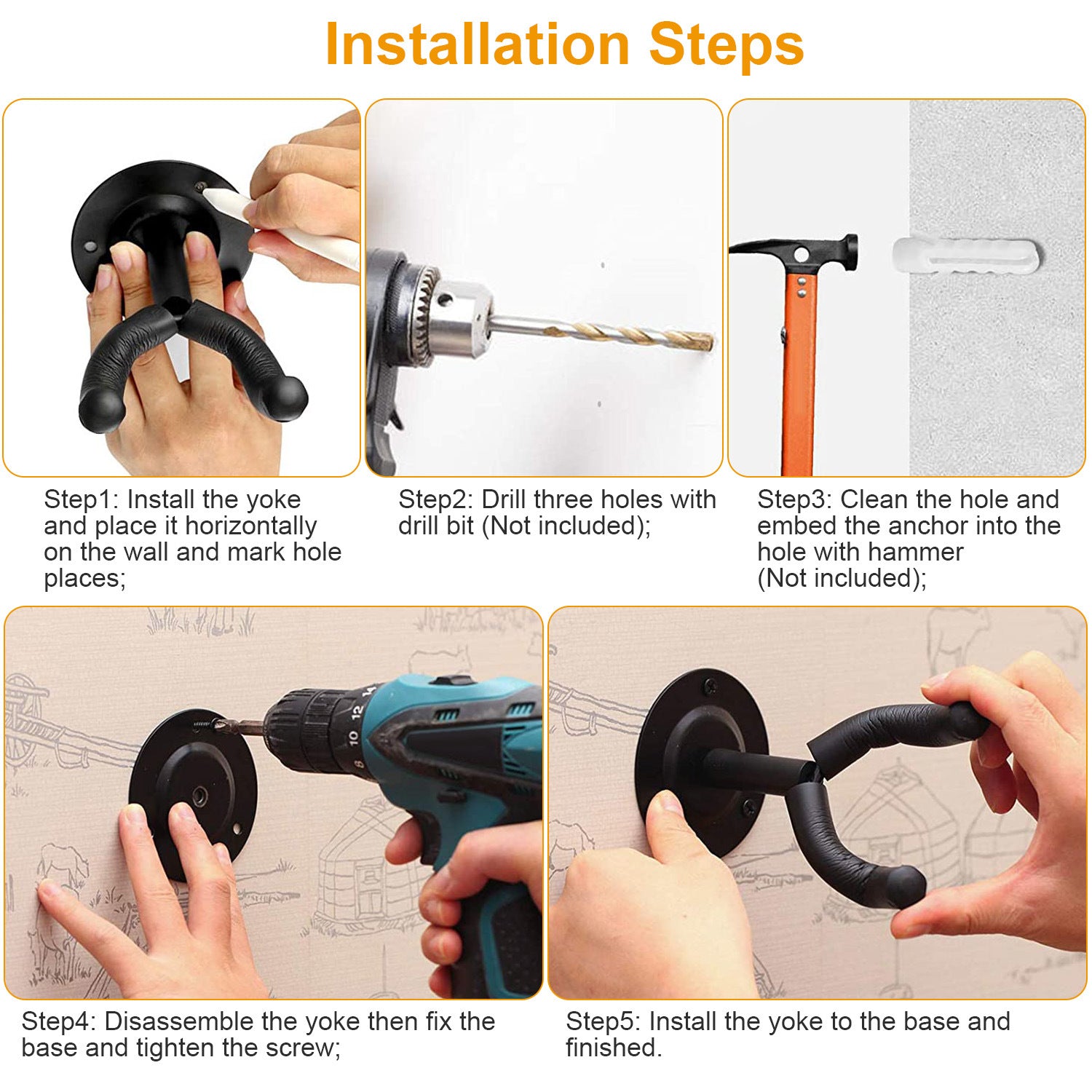 A black Wall Mount Guitar Hanger Padded Steel Guitar Bracket Holder Hook Rack, shown in use holding a guitar, and emphasizing features like guitar protection and durability.