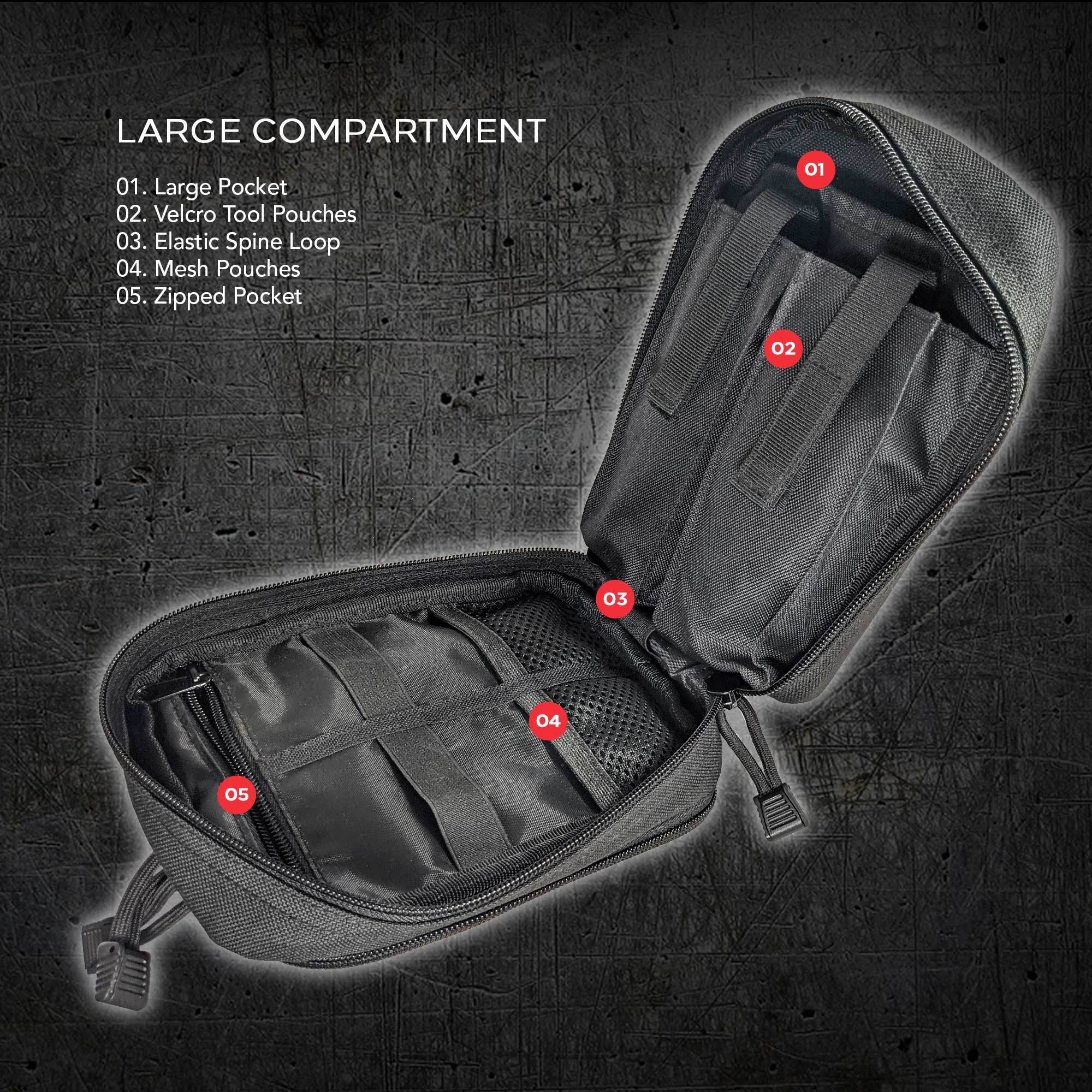 Three black tactical pouches made of 1000D Nylon with zippers, one open to reveal internal compartments, isolated on a white background.