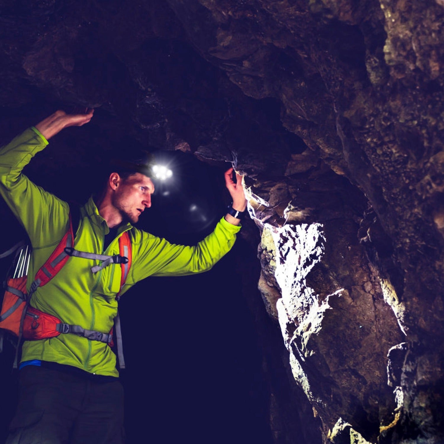 Rechargeable Headlamp 20000 Lumen LED Headlight 6 Modes Headlamp with adjustable straps, multiple lighting modes, and USB charging, displayed alongside batteries and icons highlighting its features. A background image shows a user wearing the headlamp outdoors.