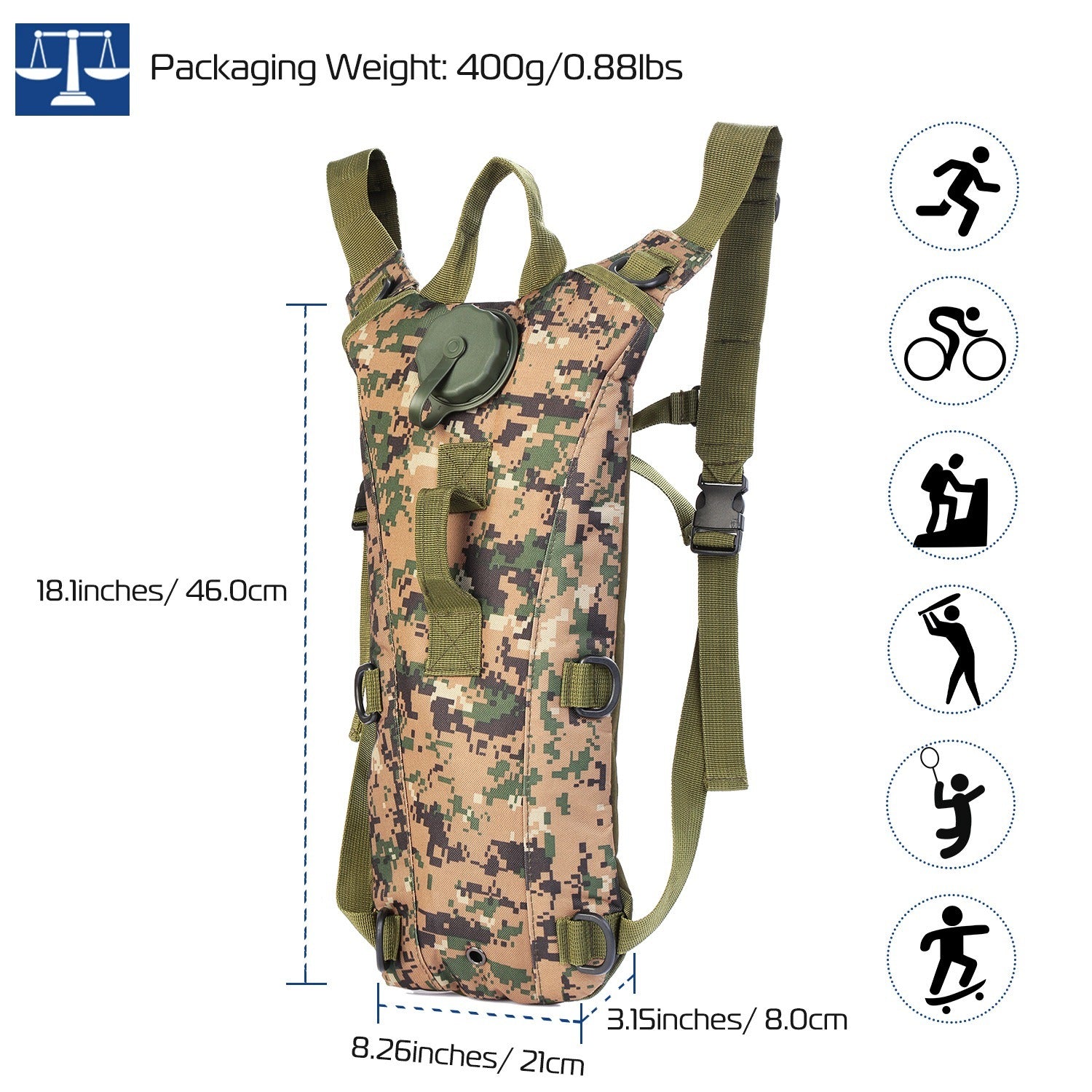 Tactical Hydration Pack suitable for running, cycling, and climbing. Includes water bladder, camo backpack, and icons indicating BPA-free material.