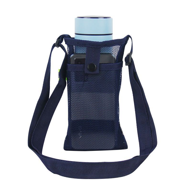 Black mesh Water and Phone bag with a shoulder strap and a blue water bottle partially visible at the top.