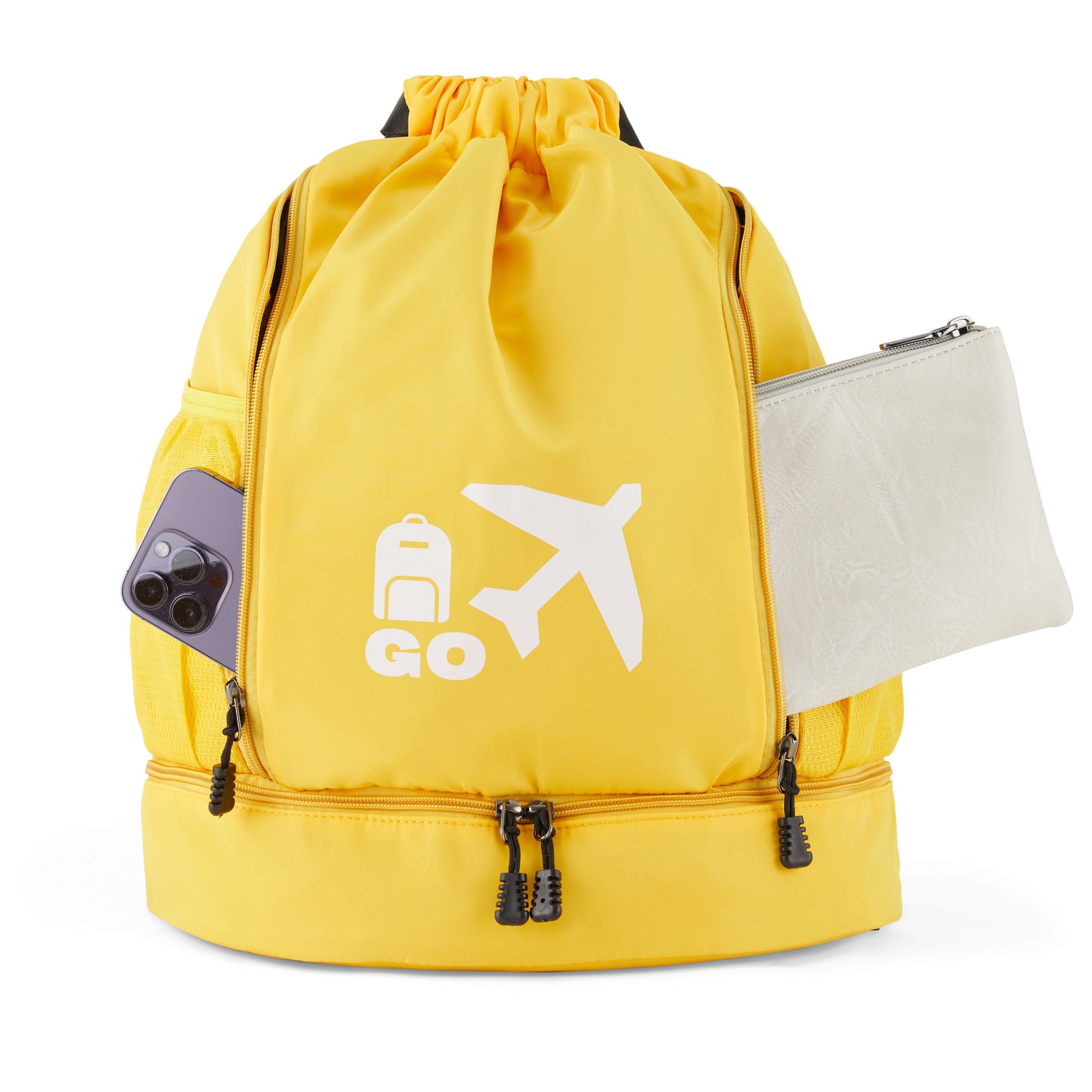 Clarissa GO Bag with a white airplane and suitcase icon, featuring an external pocket and a purple smartphone in a side holder.
