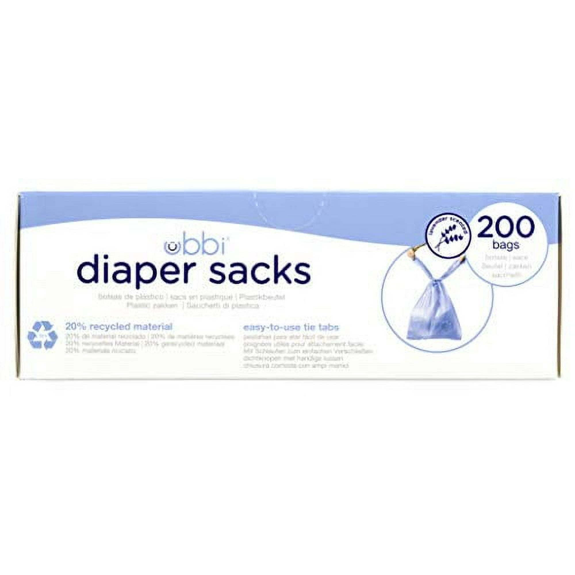 Box of Ubbi Diaper Sacks, Purple, 200 Ct. with two odor locking diaper pail bags pulled out, highlighting the features and design.