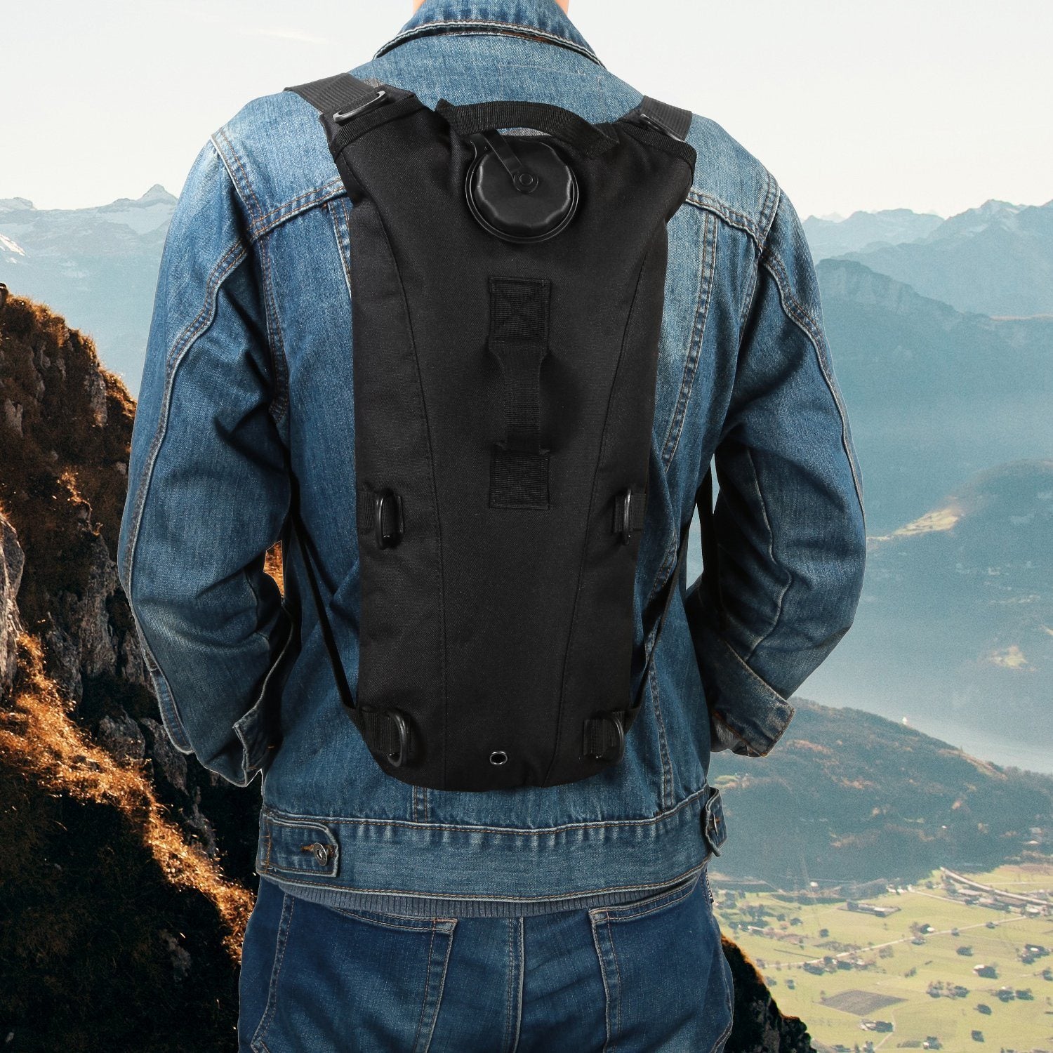 Tactical Hydration Pack suitable for running, cycling, and climbing. Includes water bladder, camo backpack, and icons indicating BPA-free material.