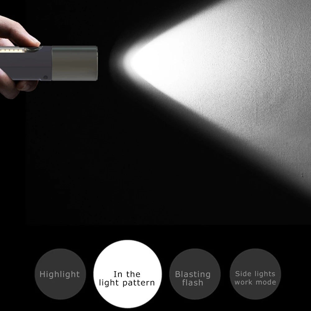 Two modern portable Flash Flashlights with built-in radios and USB fast direct charging ports, one displayed open to show the radio, both emitting light from their bases.