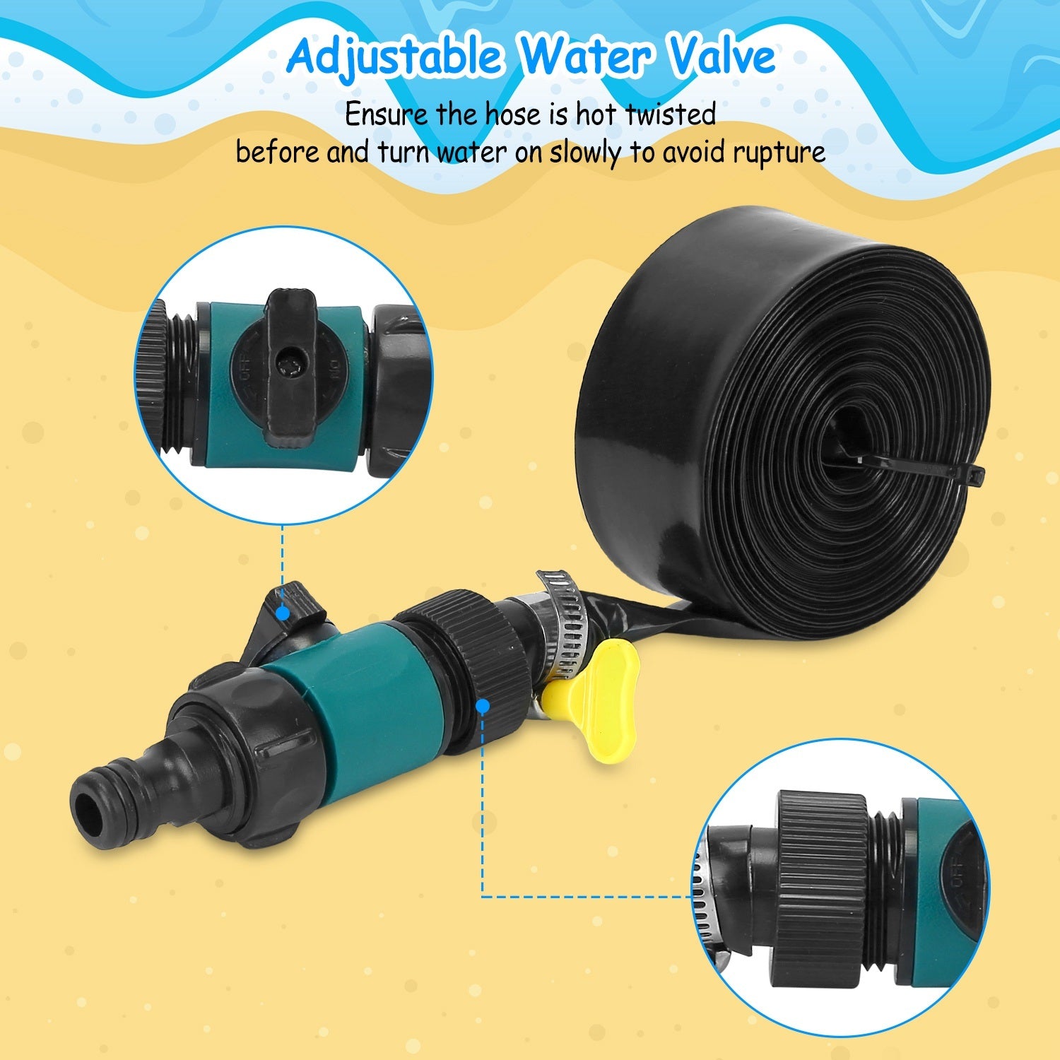 Children play on a Kids Trampoline Sprinkler under a Kids Trampoline Sprinkler, with a spray hose and attachments visible in the foreground.