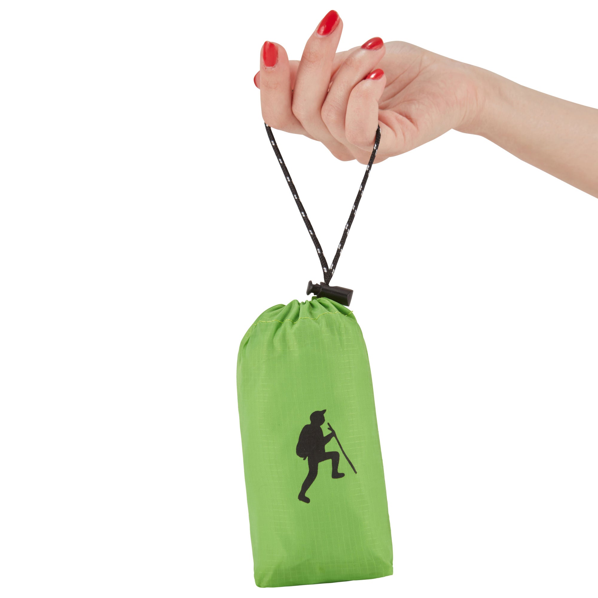 A hand holding a small, black HIKE Back- Folding Backpack with a white hiker icon printed on it, isolated against a white background.