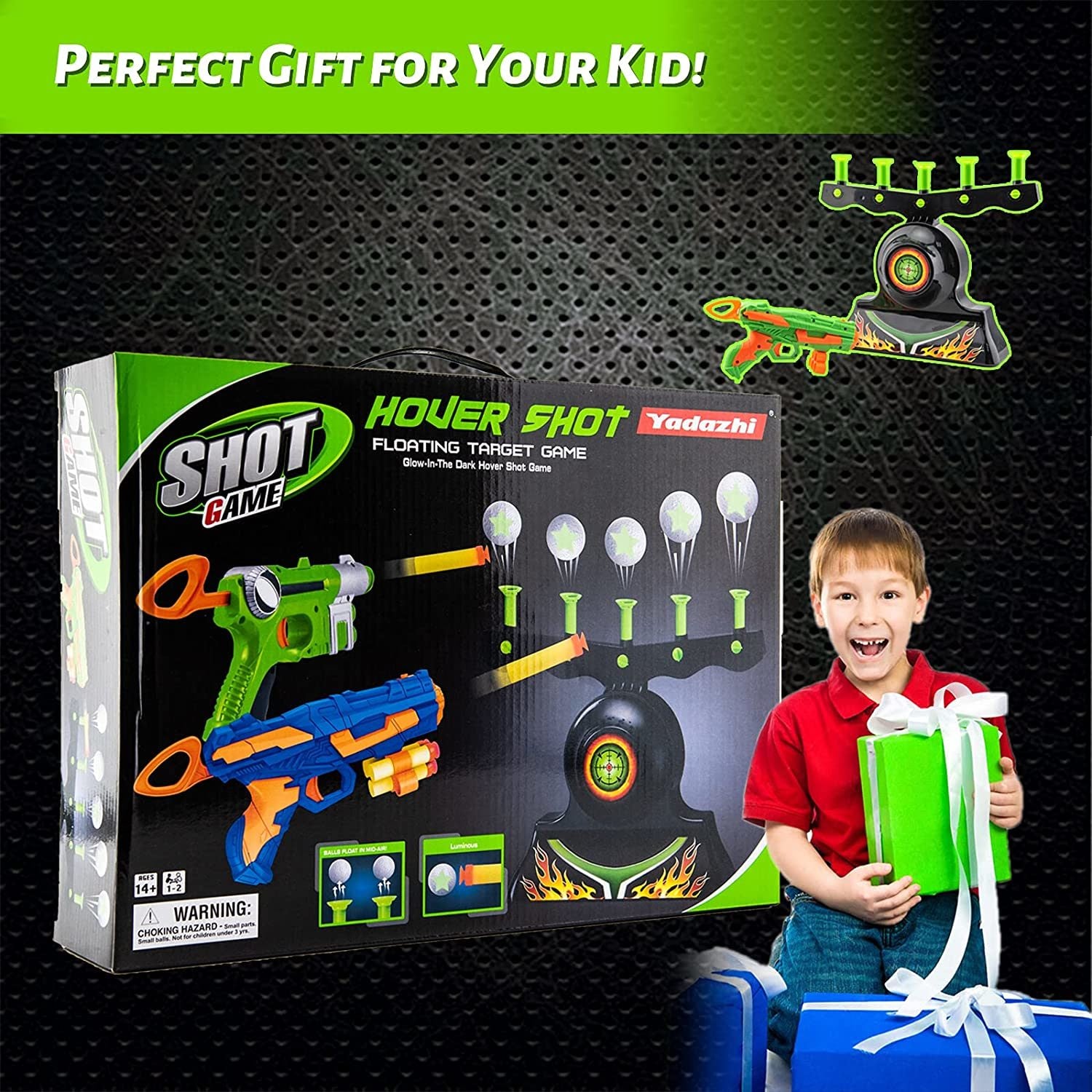 A toy hover shot game set, featuring a neon green and orange Shooting Targets for Nerf Guns Shooting Game Glow in The Dark Floating Ball Target Practice Toys for Kids Boys Hover Shot 1 Blaster Toy Gun 10 Soft Foam Balls 3 Darts Gift, floating ball targets on air streams, and packaging.