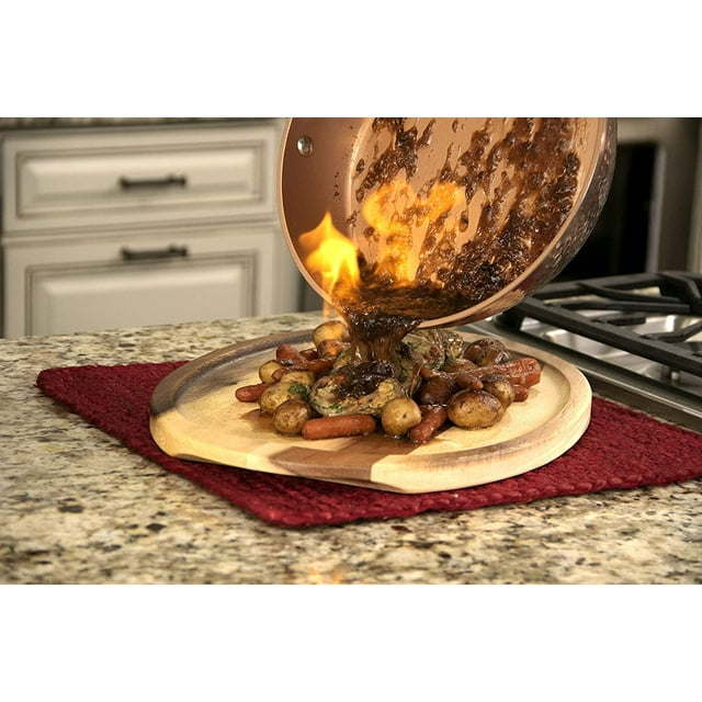 Hammered 10 inch, Copper-colored diamond-reinforced non-stick frying pan with a stainless steel handle and a transparent glass lid.