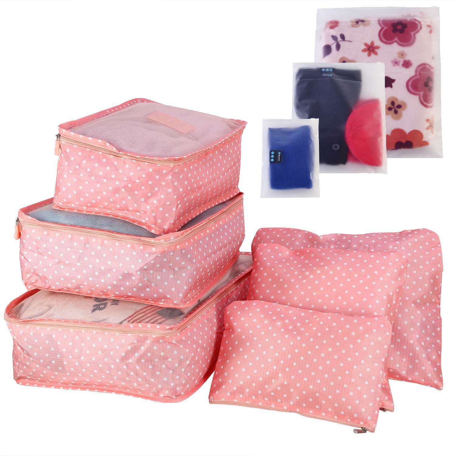 Set of four 9Pcs Clothes Storage Bags Water-Resistant Travel Luggage Organizer Clothing Packing Cubes of varying sizes with clothing items, displayed next to a folded floral blouse, all on a white background.