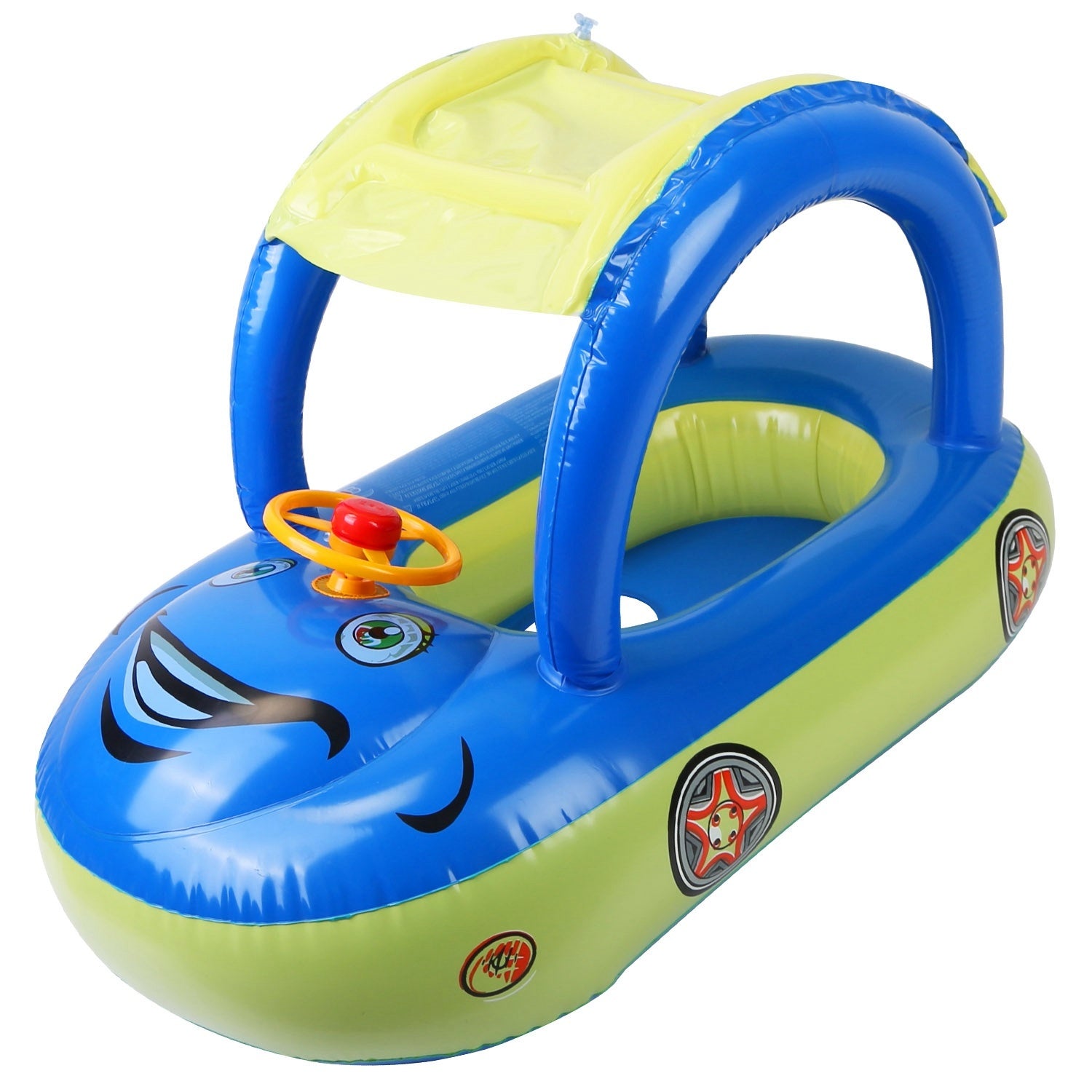 A young child smiles while sitting in a colorful Baby Inflatable Pool Float Car Shaped Toddler Swimming Float Boat Pool Toy Infant Swim Ring Pool with Sun Protection Canopy for 1-3 Year-Old Kids Infant Toddlers in a swimming pool.