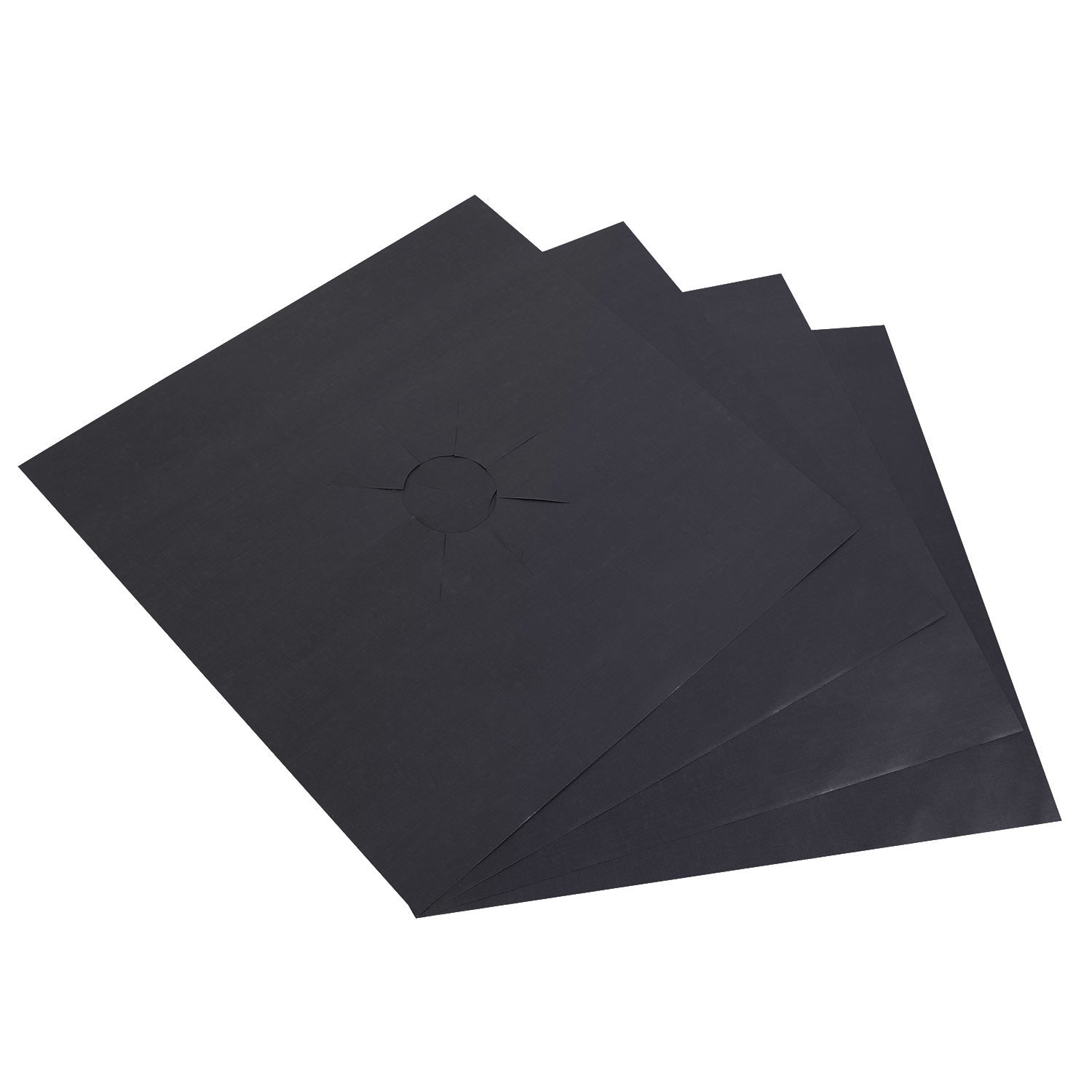 A stack of 4-Pack Reusable Nonstick Stovetop Burner Protector Liner papers with a white circle and crossing lines symbol in the center of the top sheet, treated with a PTFE coating.