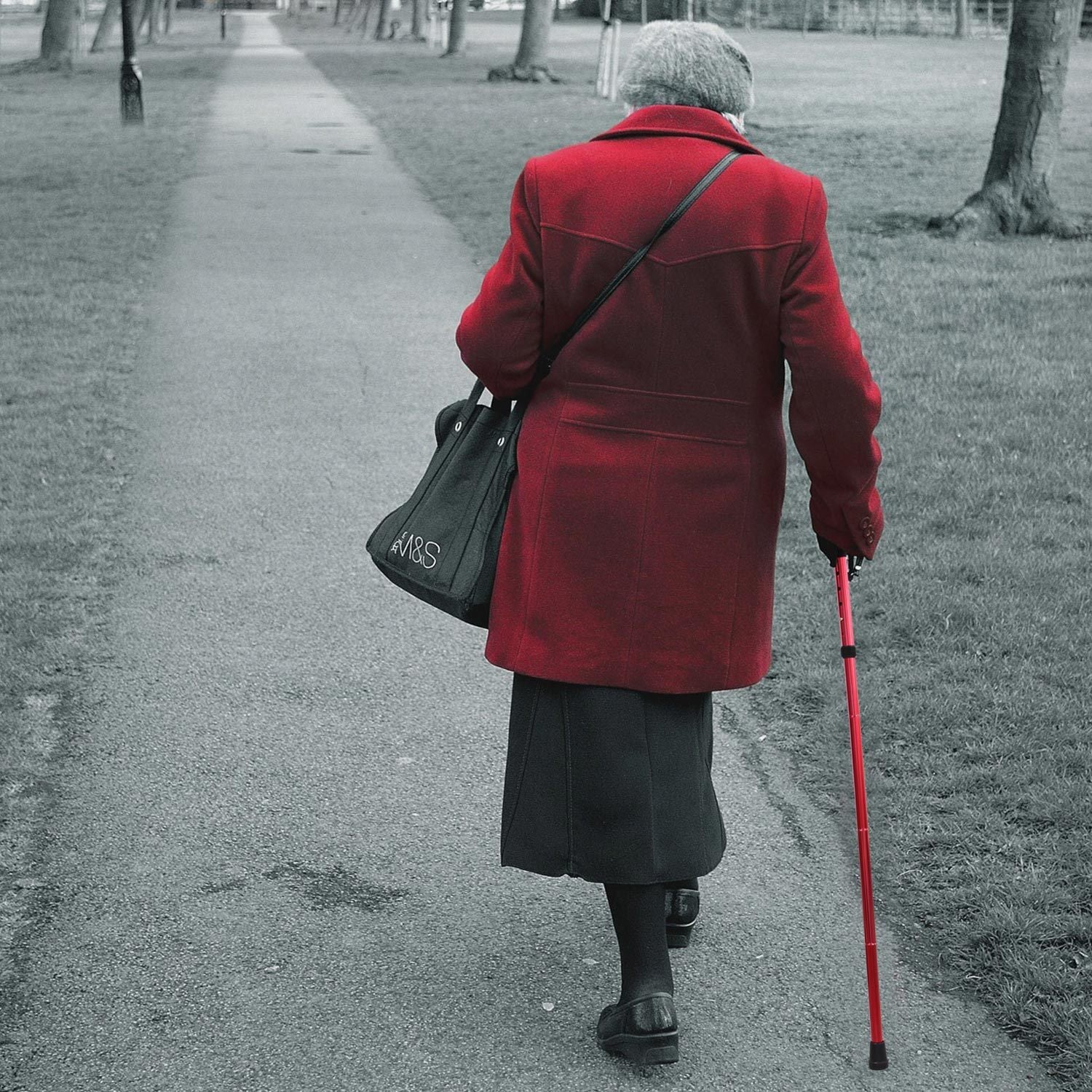 Red Walking Cane Aluminum Alloy Walking Stick Adjustable Folding Travel Hiking Stick extended and folded, isolated on a white background.