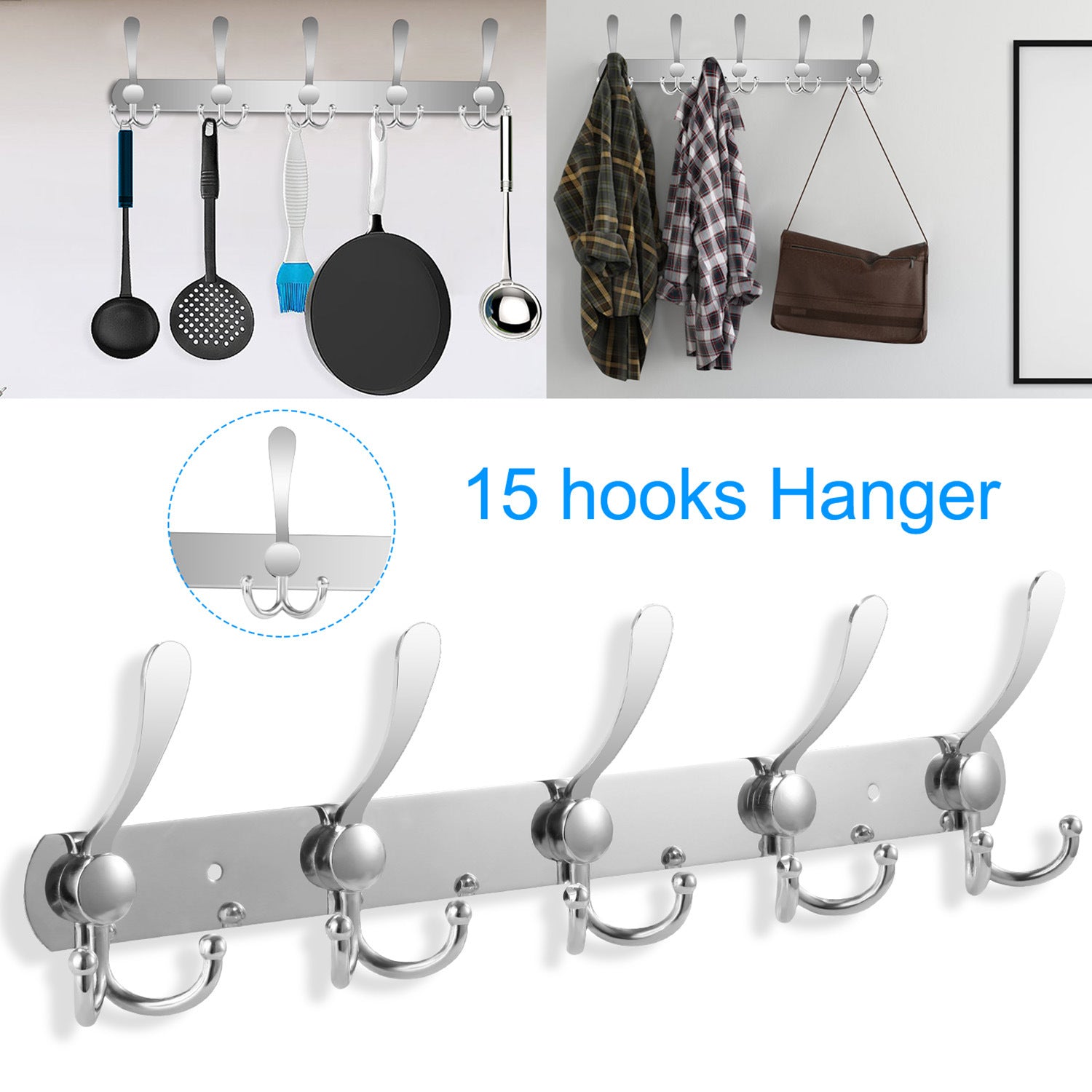 Wall Mount Coat Hook with fifteen stainless steel double hooks on a sleek, horizontal board, isolated on a white background.