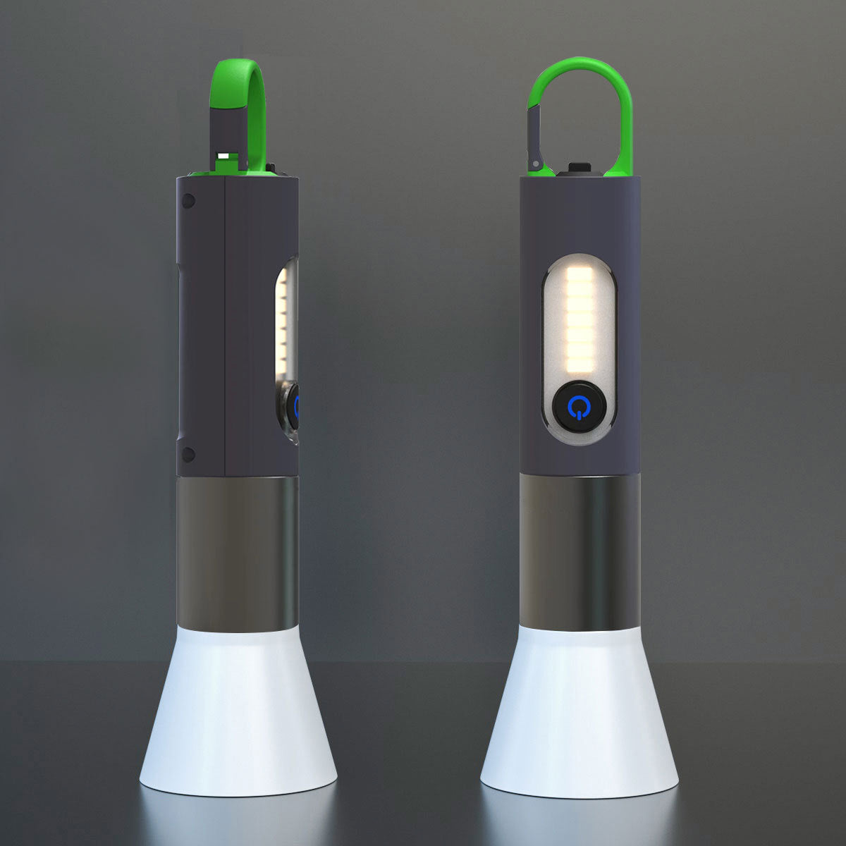 Two modern portable Flash Flashlights with built-in radios and USB fast direct charging ports, one displayed open to show the radio, both emitting light from their bases.