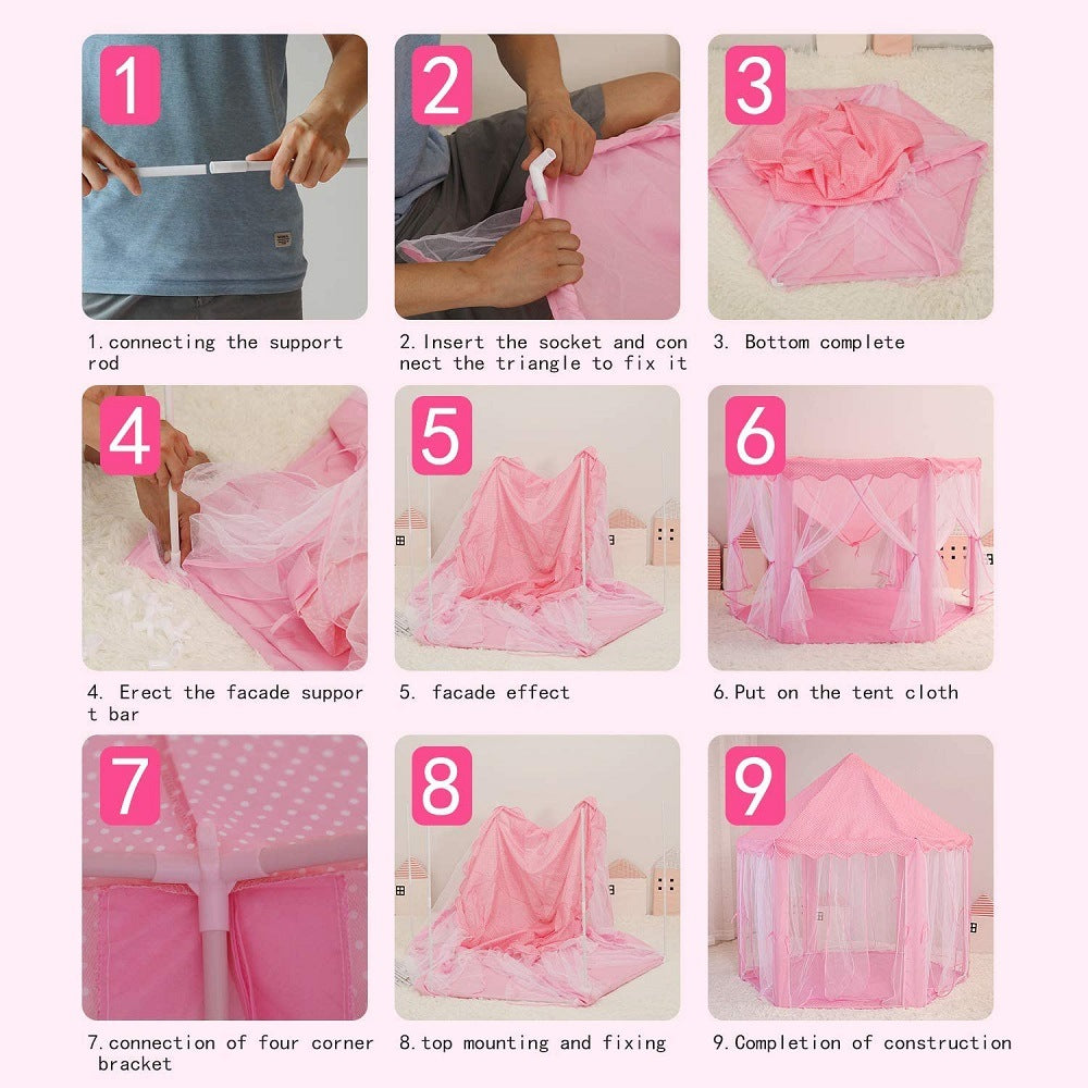 A pink Outdoor Indoor Portable Folding Princess Castle Tent Kids Children Funny Play Fairy House Kids Play Tent with its flap open, displaying several teddy bears inside, illuminated by string lights, with a star-shaped light visible at the top corner.