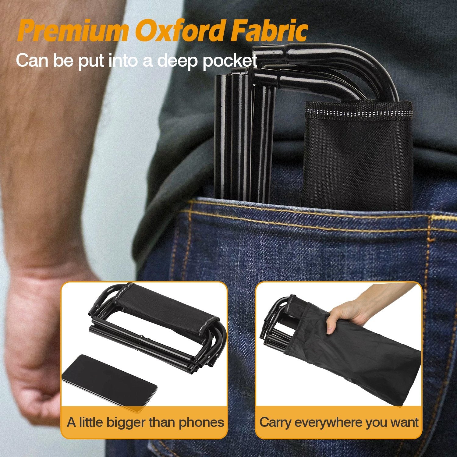 Foldable Camping Stool Portable Travel Chair with a tubular metal frame and a durable fabric seat, isolated on a white background.