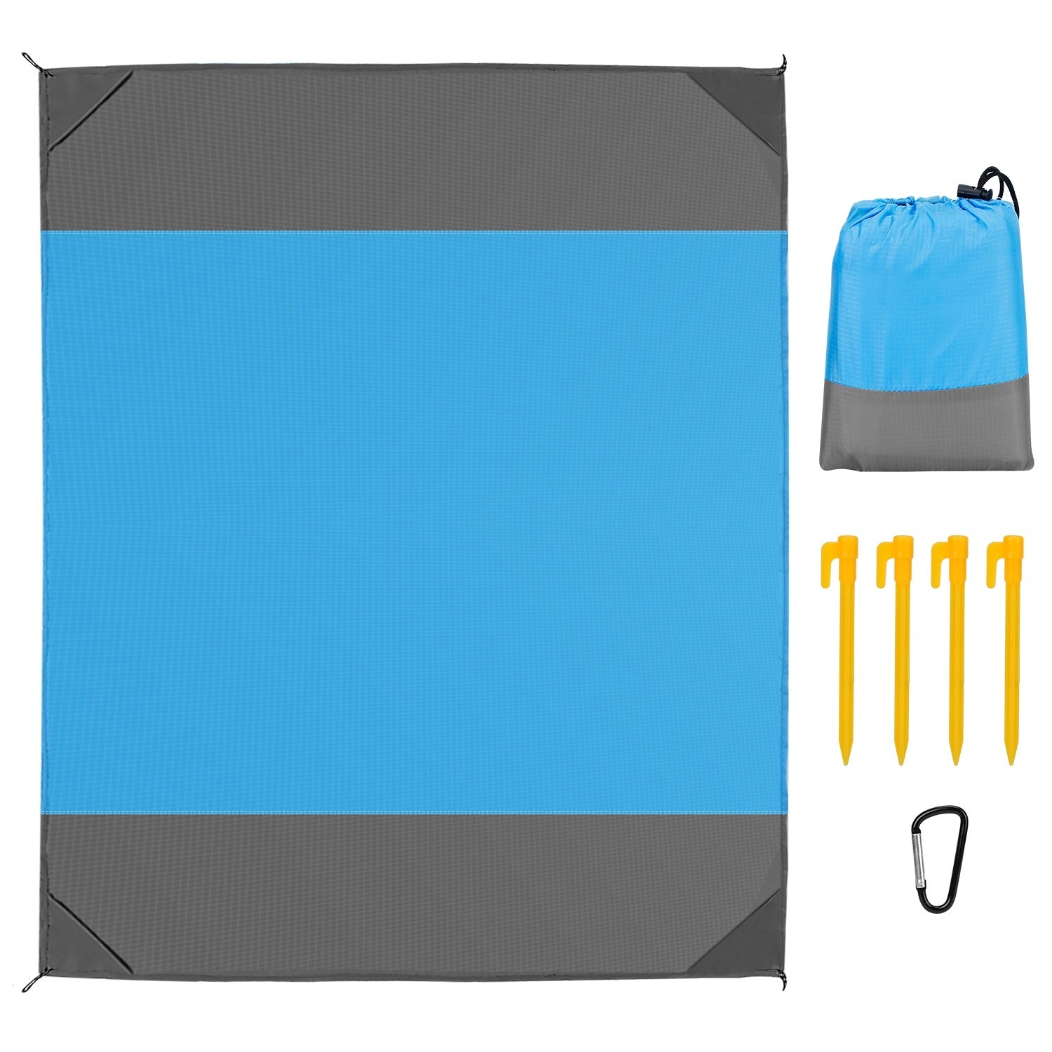 108x96.46in Sand Proof Picnic Blanket Water Resistant Foldable Camping Beach Mat with stakes and a carry bag, isolated on a white background.